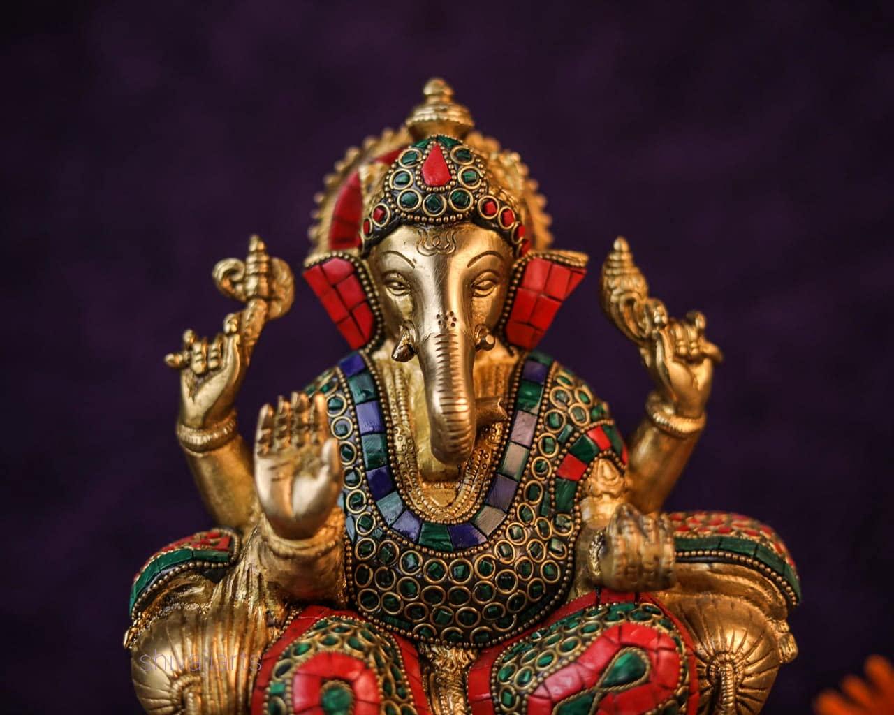 SHIVAJIARTS Brass Ganesh Statue, 25CM Big Size Inlay Work Ganesha Idol, Hindu Deity of God Luck, Vinayak Ganpati, Lord of Wisdom, Brass Sculpture Figurine - Image 5