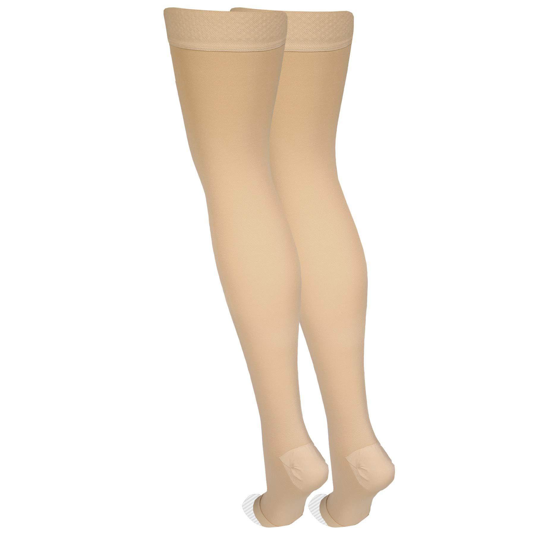 Amazon Basic Care Medical Compression Stockings, 20-30 mmHg Support, Women & Men Thigh Length Hose, Open Toe, Beige - Image 6