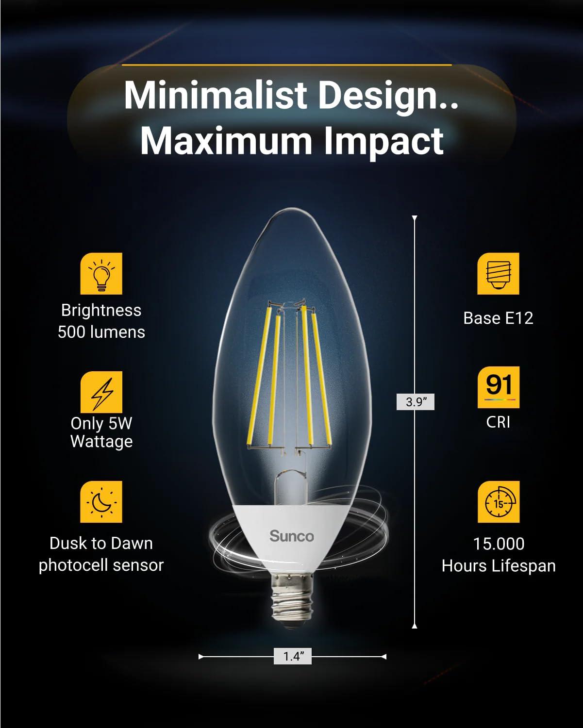 Sunco 10 Pack Dusk to Dawn LED Outdoor Light Bulb B11, Edison Filament Candelabra Bulbs for Porch Lighting, 500 LM, 5W (40W Equivalent), 5000K Daylight, E12 Base, Photocell Sensor UL - Image 3
