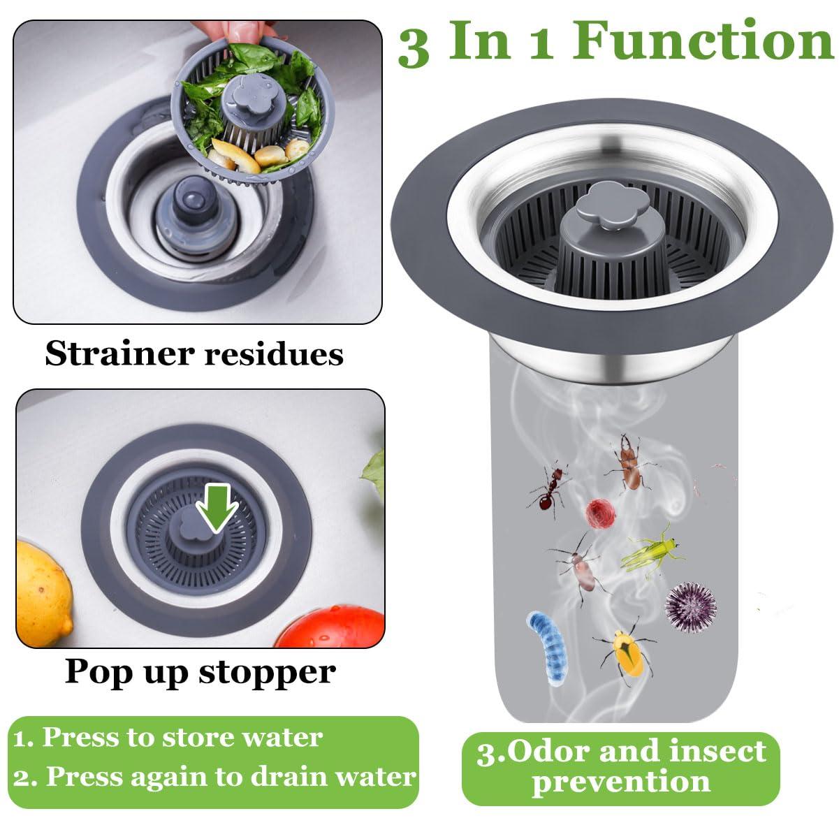 WSYLEN 3 in 1 Kitchen Sink Drain Strainer and Stopper Combo, Stainless Steel Pop Up Kitchen Sink Stopper, Sink Drain Strainer for Standard 3-1/2 Inch Drain - Image 3