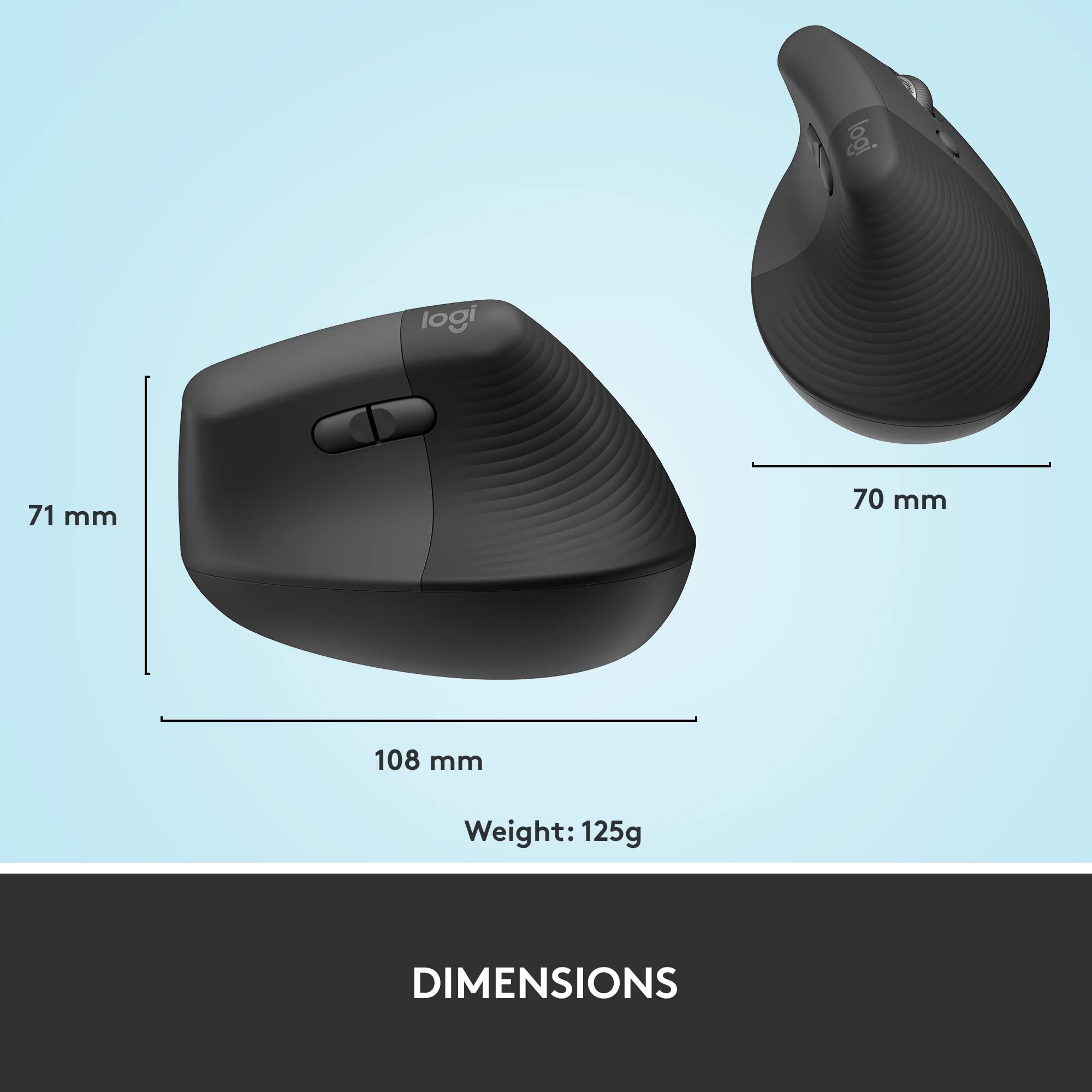Logitech Lift Vertical Ergonomic Mouse, Wireless Bluetooth or USB Receiver, Quiet Clicks, 4 Buttons, Right Hand Wireless Mouse, Windows/macOS/iPadOS, Laptop, PC - Graphite - Image 9