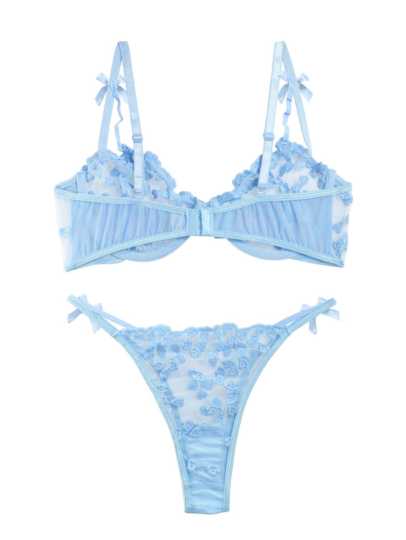 Lilosy Sexy Underwire Cute Push Up Strappy Embroidered Mesh Sheer Lingerie Set See Through Panty Bra - Image 2