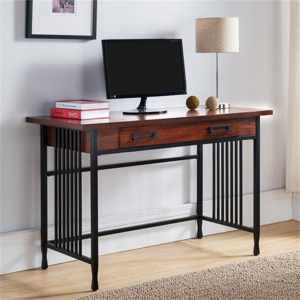 Ironcraft Rustic Writing Computer Desk with Drop Front Keyboard Drawer, Solid Wood Home Office Desk, Mission Oak and Black – Leick Home, 11200 - Image 2
