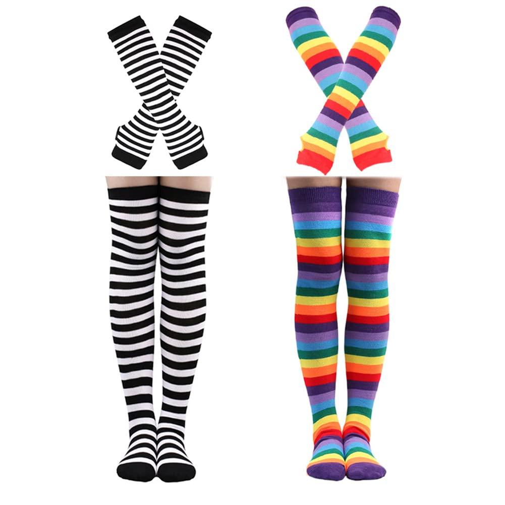 Barrlves 2/4 Sets Womens Striped Knee High Socks Long Knitted Arm Warmers Fingerless Gloves for Halloween Costume - Image 1
