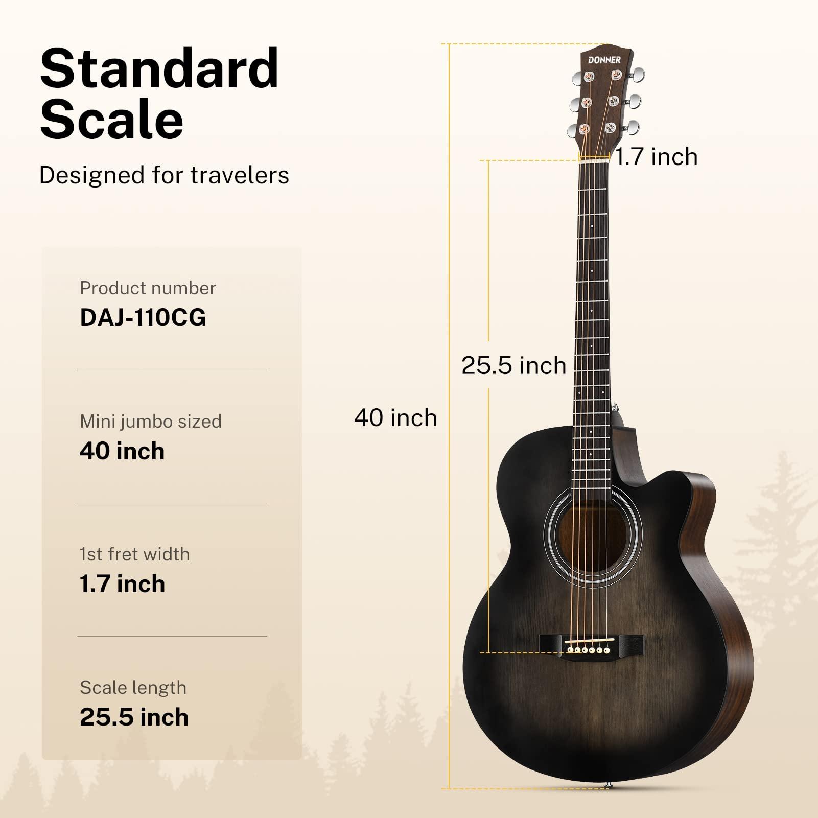 Donner Acoustic Guitar for Beginner Adult 40 Inch Cutaway Acustica Guitarra Bundle Kit with Pickup Online Lesson Bag Tuner Capo Strap Mini Jumbo Travel Teen Right Hand Black Brown DAJ-110CD - Image 2