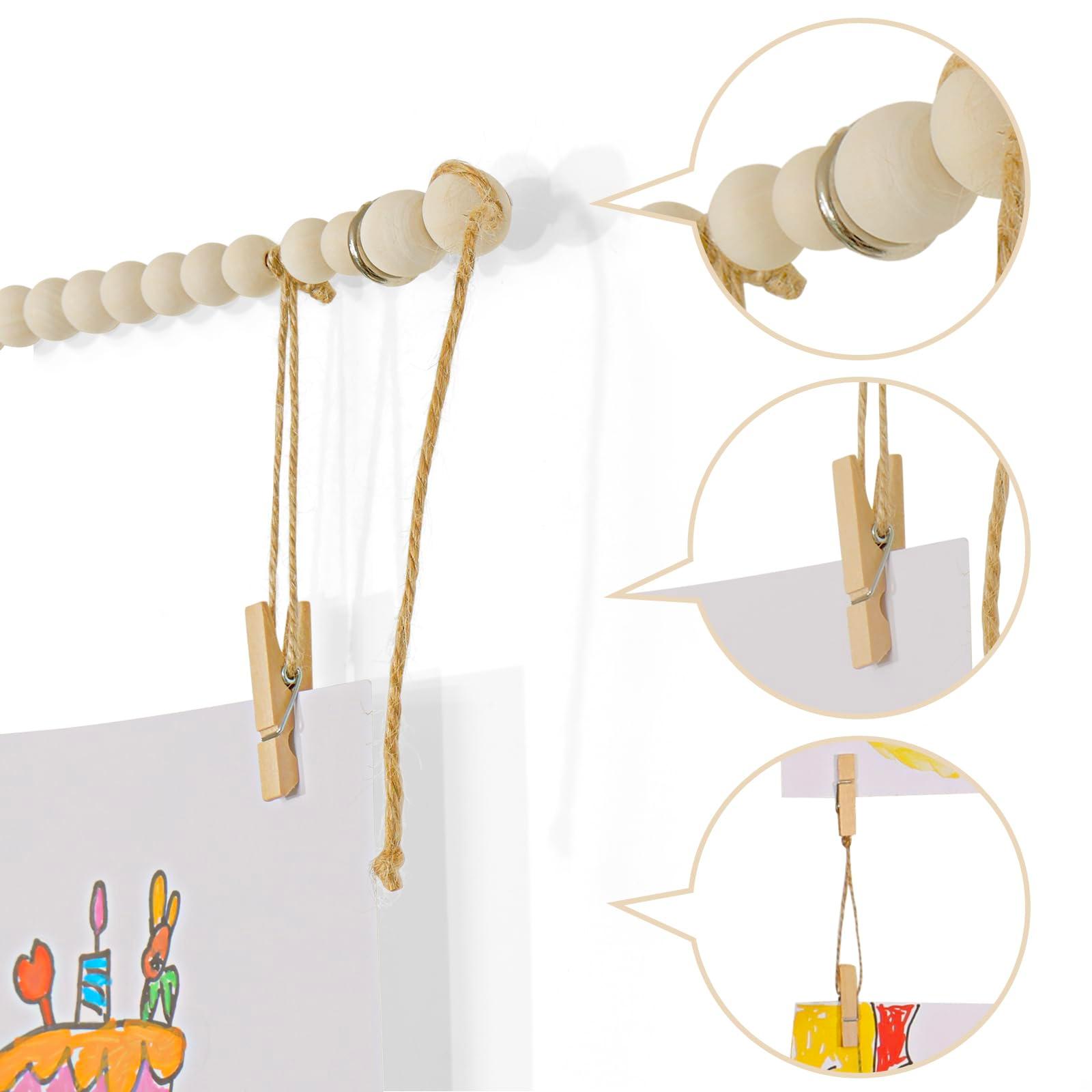 KLOGTSIND Kids Art Display Wall Decor, Wooden Beads Garland Frame Holder with 34 Clips for kids artwork, Photo, Wall Hanging Boho Room Bedroom Decor - Image 3