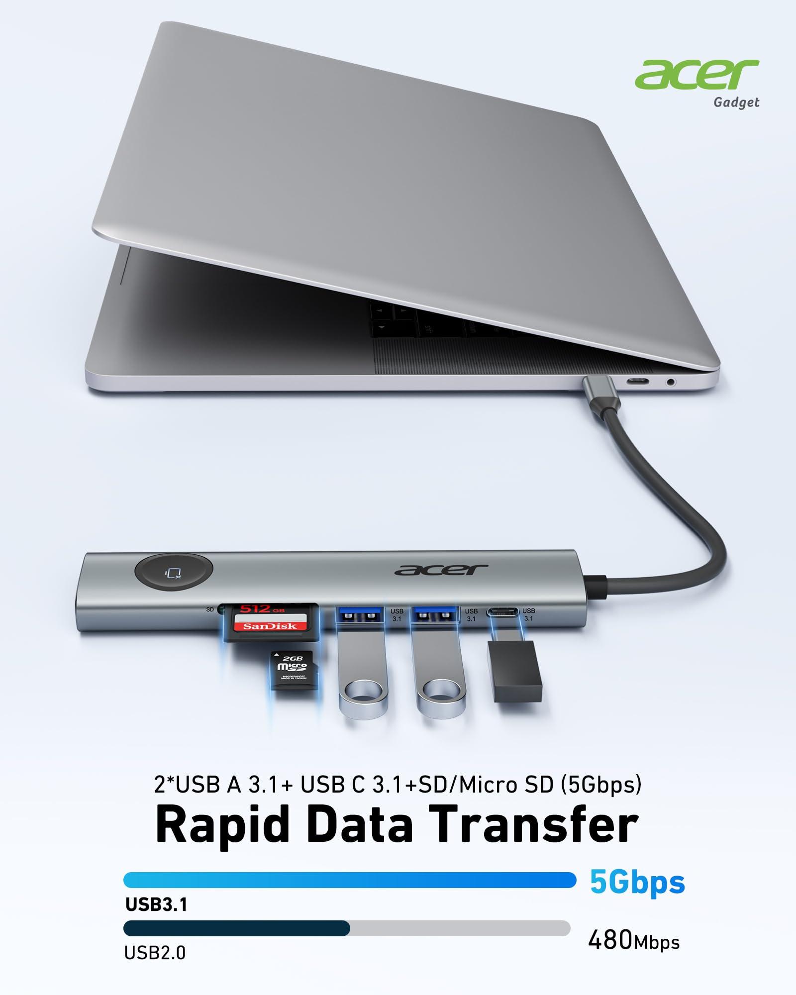 Acer USB C to HDMI Multiport Adapter, 7 in 1 USB-C Hub with HDMI 4K@60Hz, 100W PD, 2 USB-A 3.1 and 1 USB C 3.1 with 5Gbps, SD Card Reader, Type C Dongle for MacBook Pro/air, iPad, iPhone 16/15, Grey - Image 5