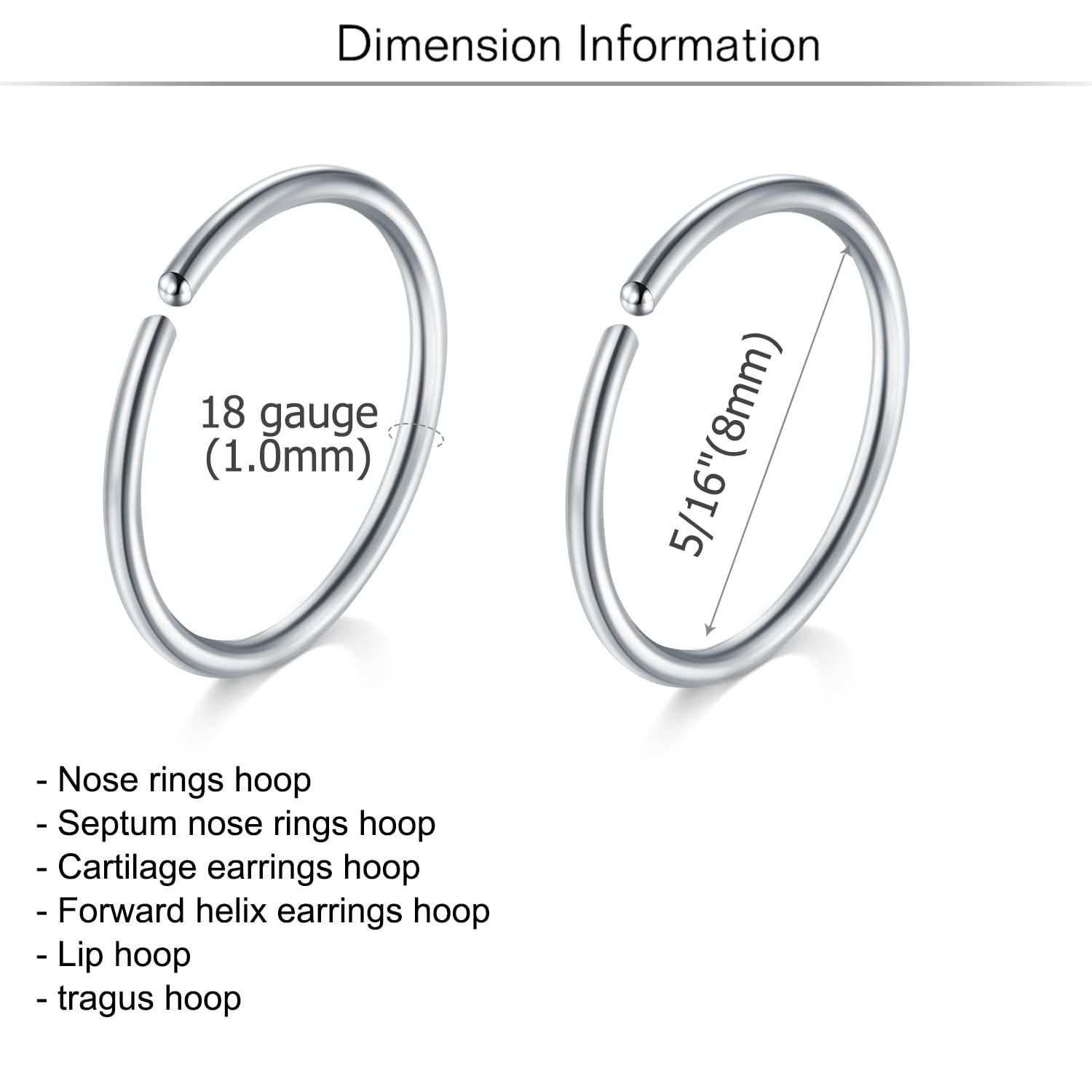 MODRSA 18G Hoop Nose Ring - Surgical Stainless Steel Studs, L Shaped Nose Stud, Piercing Jewelry for Women - Silver, Black - Image 2