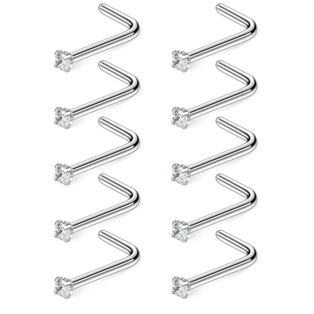 Ruifan 10-40PCS 18G Surgical Steel Diamond CZ Nose Stud Rings L Shaped Piercing Jewelry 1.5mm 2mm 2.5mm 3mm