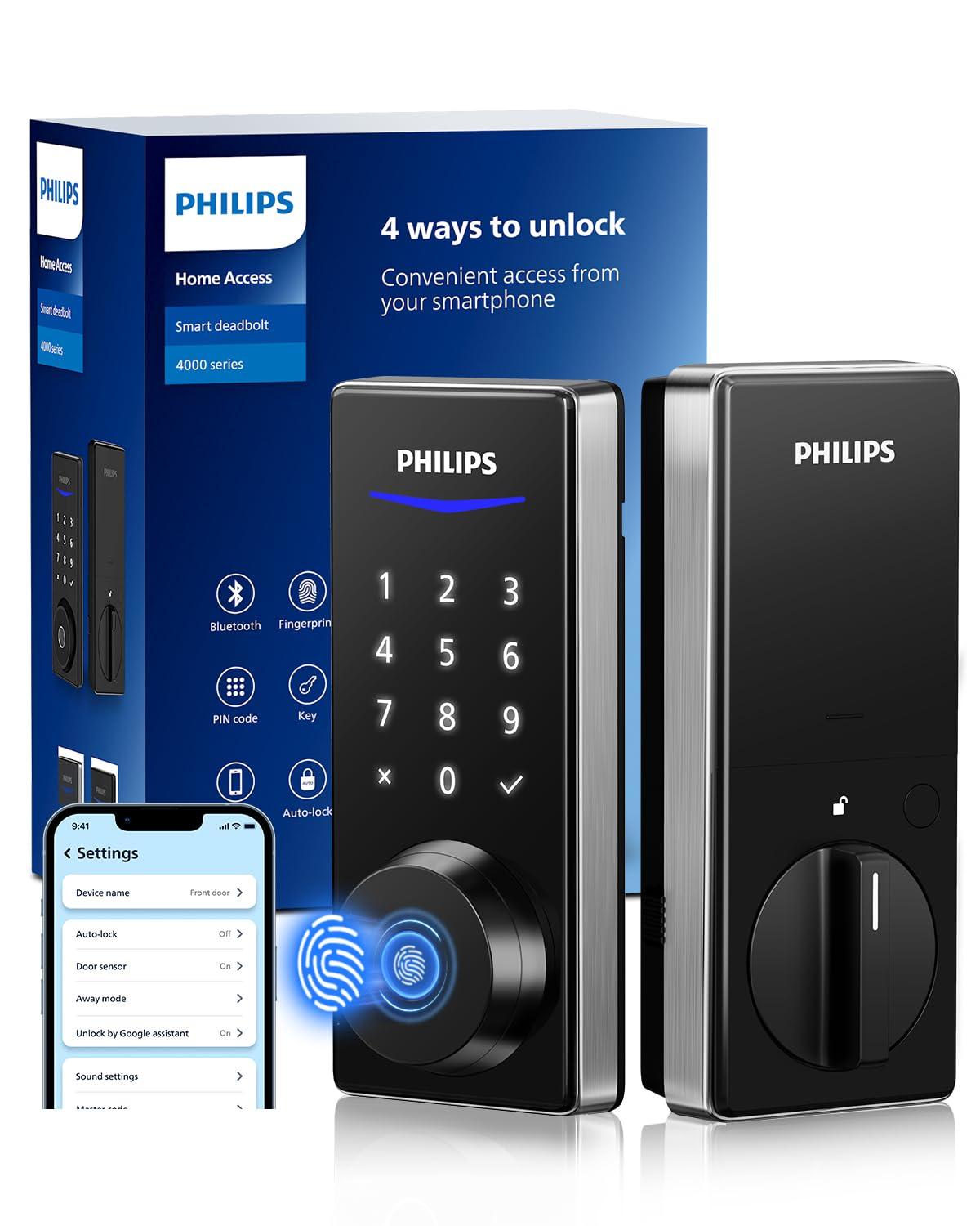 Philips Fingerprint Keyless Entry Door Lock with App Control, Front Door Smart Lock Deadbolt, 9Months Battery, IP53 Waterproof, BHMA Grade 3-Satin Nickel