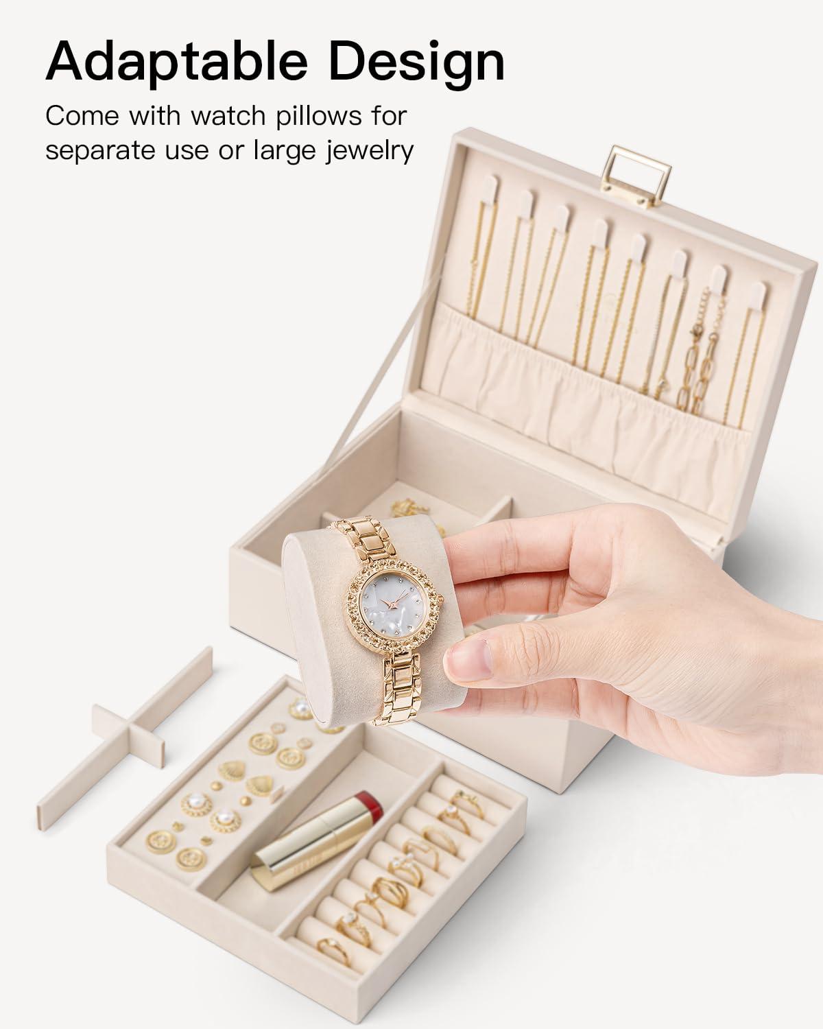 Vlando 2 Layer Jewelry Box Large Jewelry Organizer for Women Removable Jewelery Tray with Watch Pillow for Necklace Earrings Rings Bracelets Jewelry Boxes for Wedding Gifts Bride Gifts(Apricot White) - Image 4