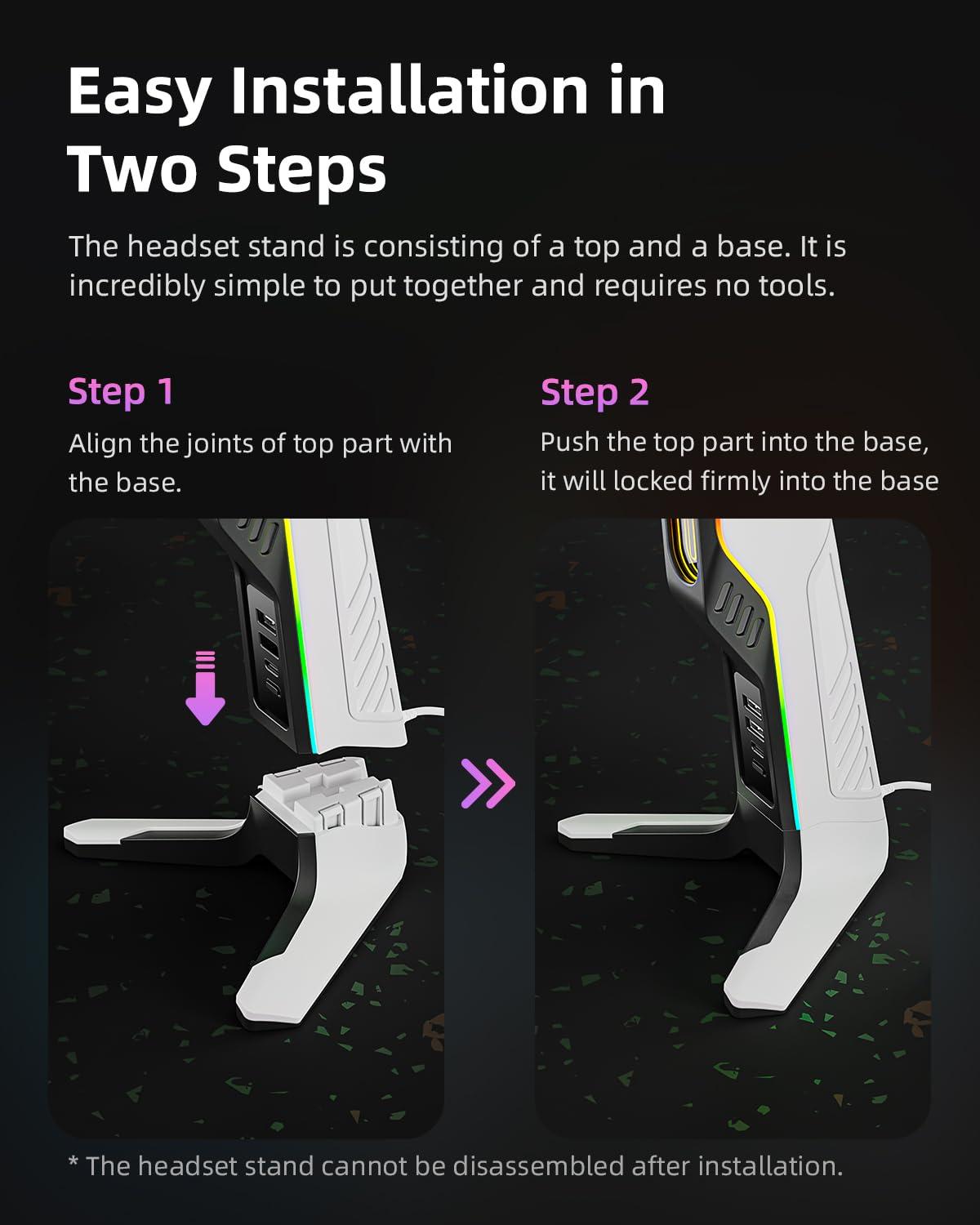 IFYOO RGB Gaming Headset Stand with 2 USB and 1 Type-C Ports, Game Headphone Mount for PC Computer, Xbox One, Xbox Series S/X, PS5, PS4, Earphone Holder Hanger, Desk Gamer Accessories, Black&White - Image 7
