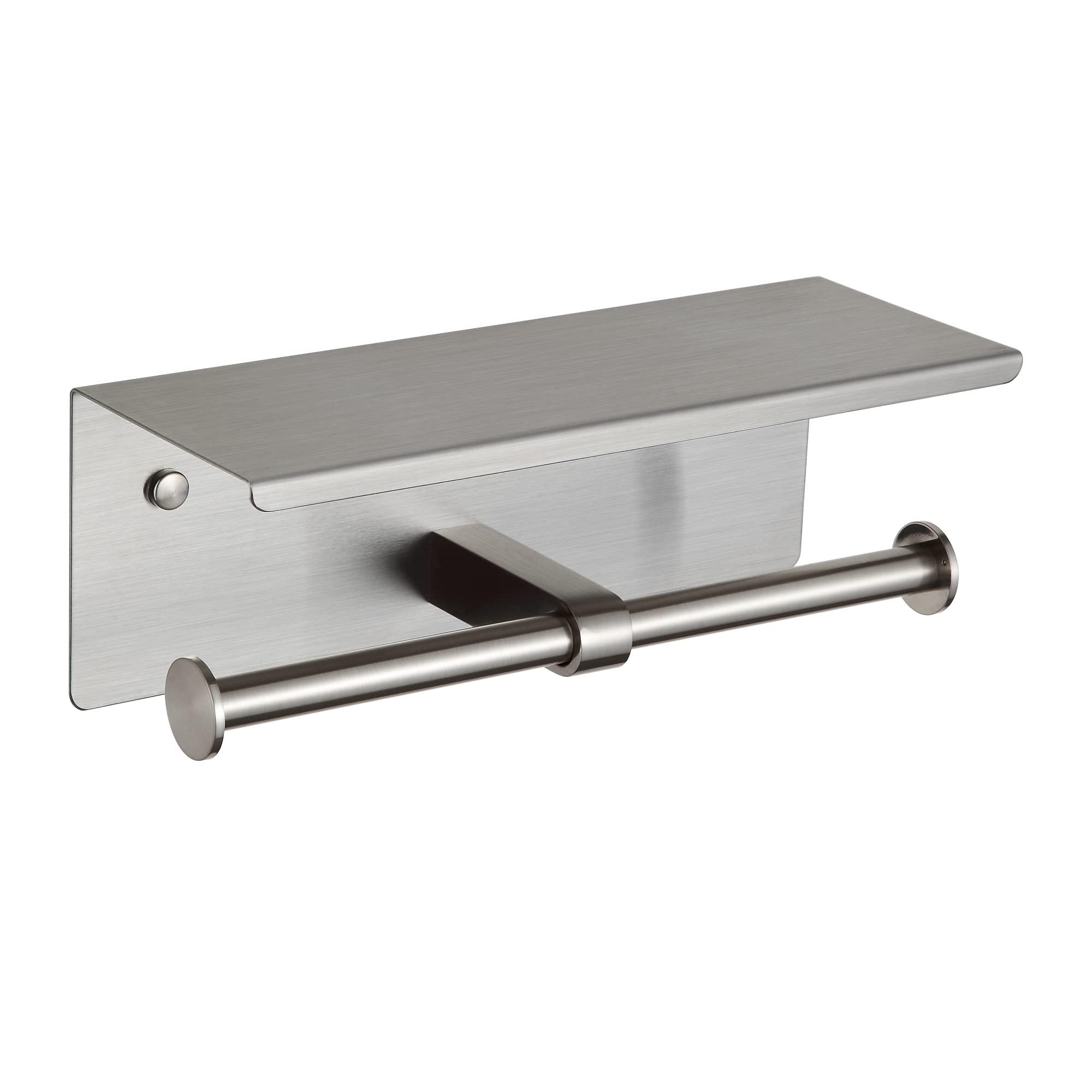 BGL Toilet Paper Holder with Shelf Brushed Nickel Double Head Toilet Tissue Roll Holder 304 Stainless Steel Wall Mount for Bathroom