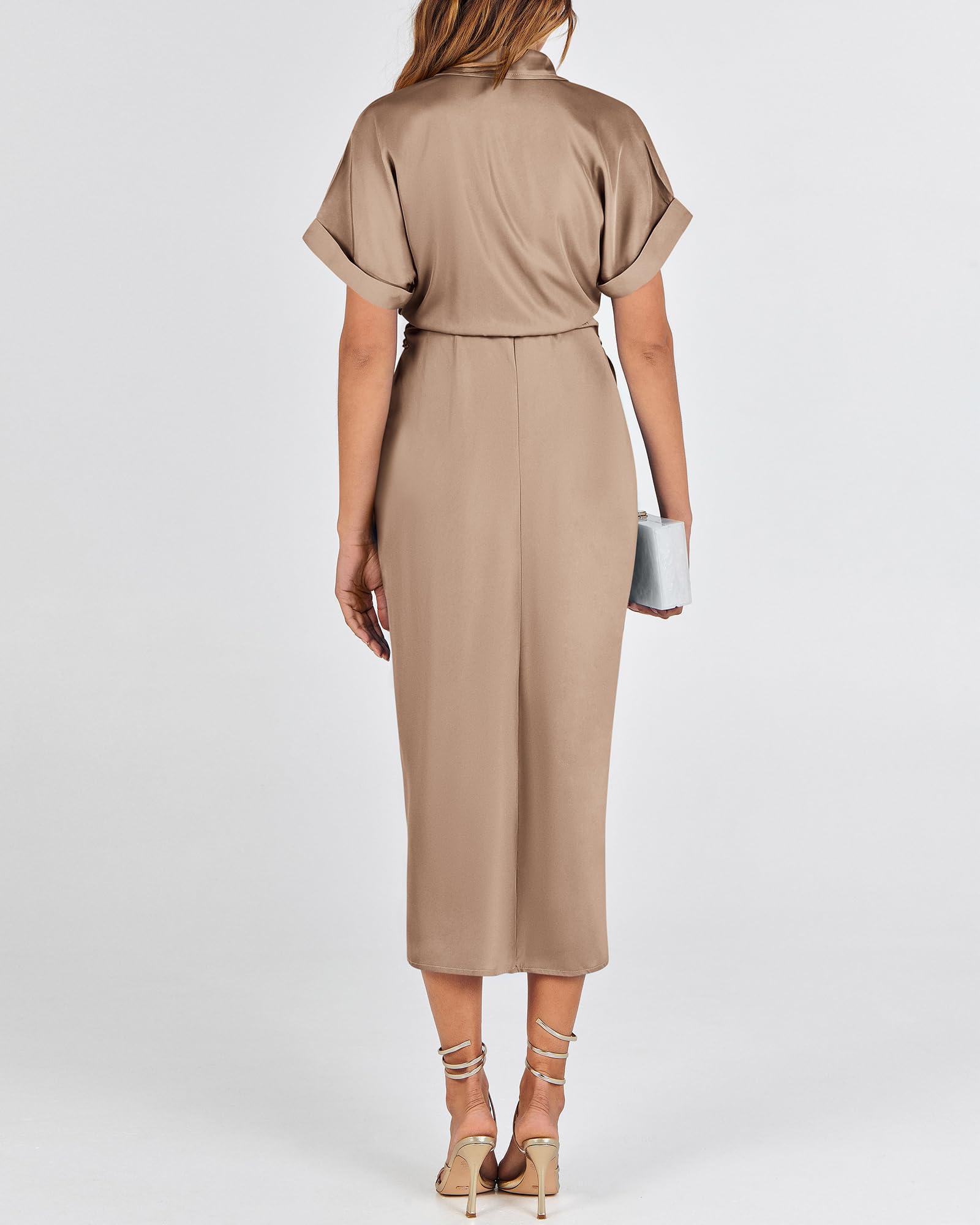 BTFBM Women Button Down Ruched Shirt Dresses Satin Short Sleeve Lapel V Neck Summer Maxi Dress 2025 Party Wedding Guest - Image 5