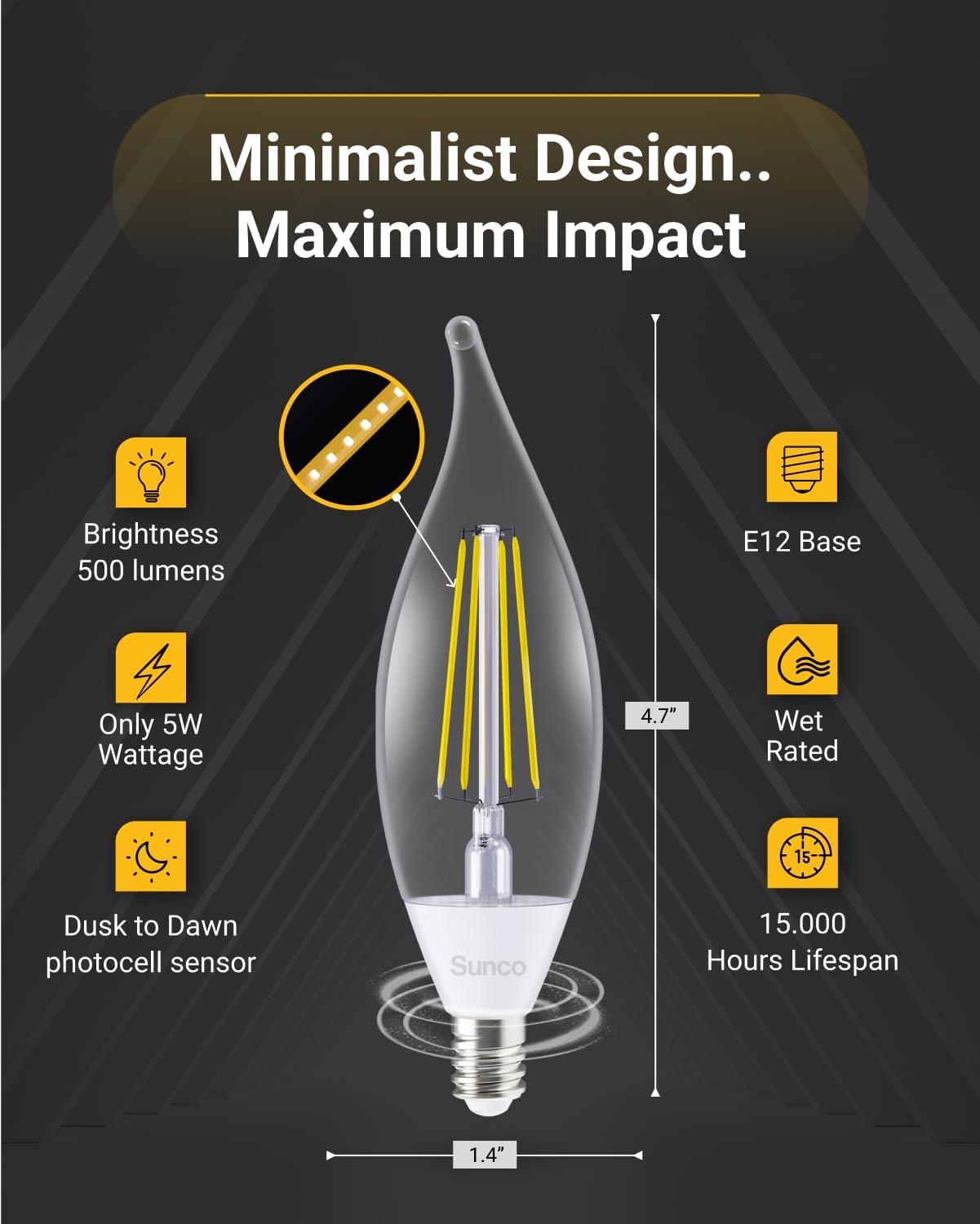 Sunco 10 Pack Dusk to Dawn Candelabra CA11 LED Light Bulbs Outdoor, 5W Equivalent 40W, CRI90 2700K White, Candle Flame Tip, Photocell Sensor, Decorative Filament, 500 Lumens, E12 Base UL - Image 3