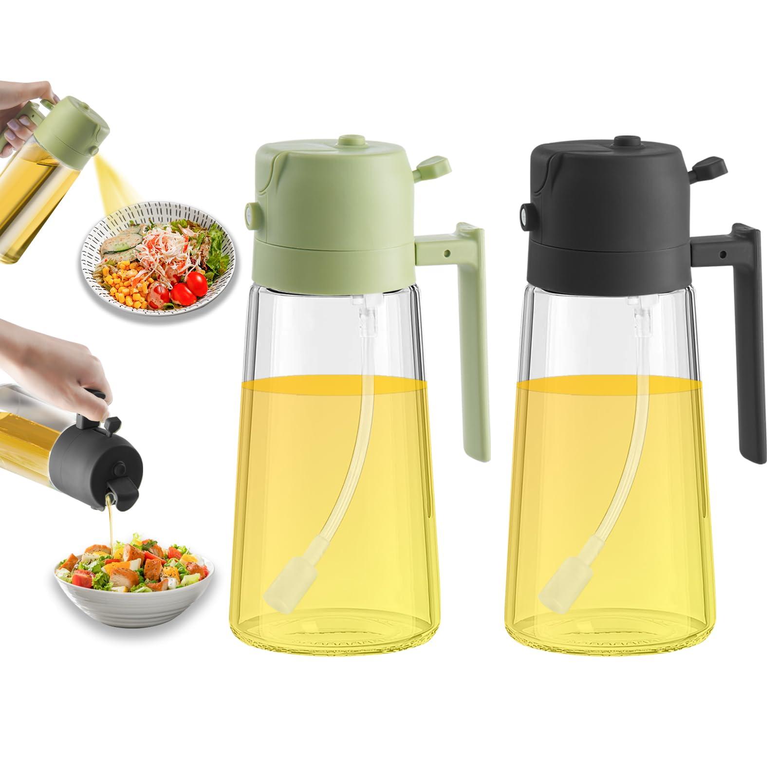 2 in 1 Olive Oil Dispenser and Oil Sprayer Premium Glass Oil Bottle with Non-Drip Spout Oil Mister for Cooking, Kitchen, Salad, Barbecue Green+Black 470ML/ 15.9fl.oz 2pcs