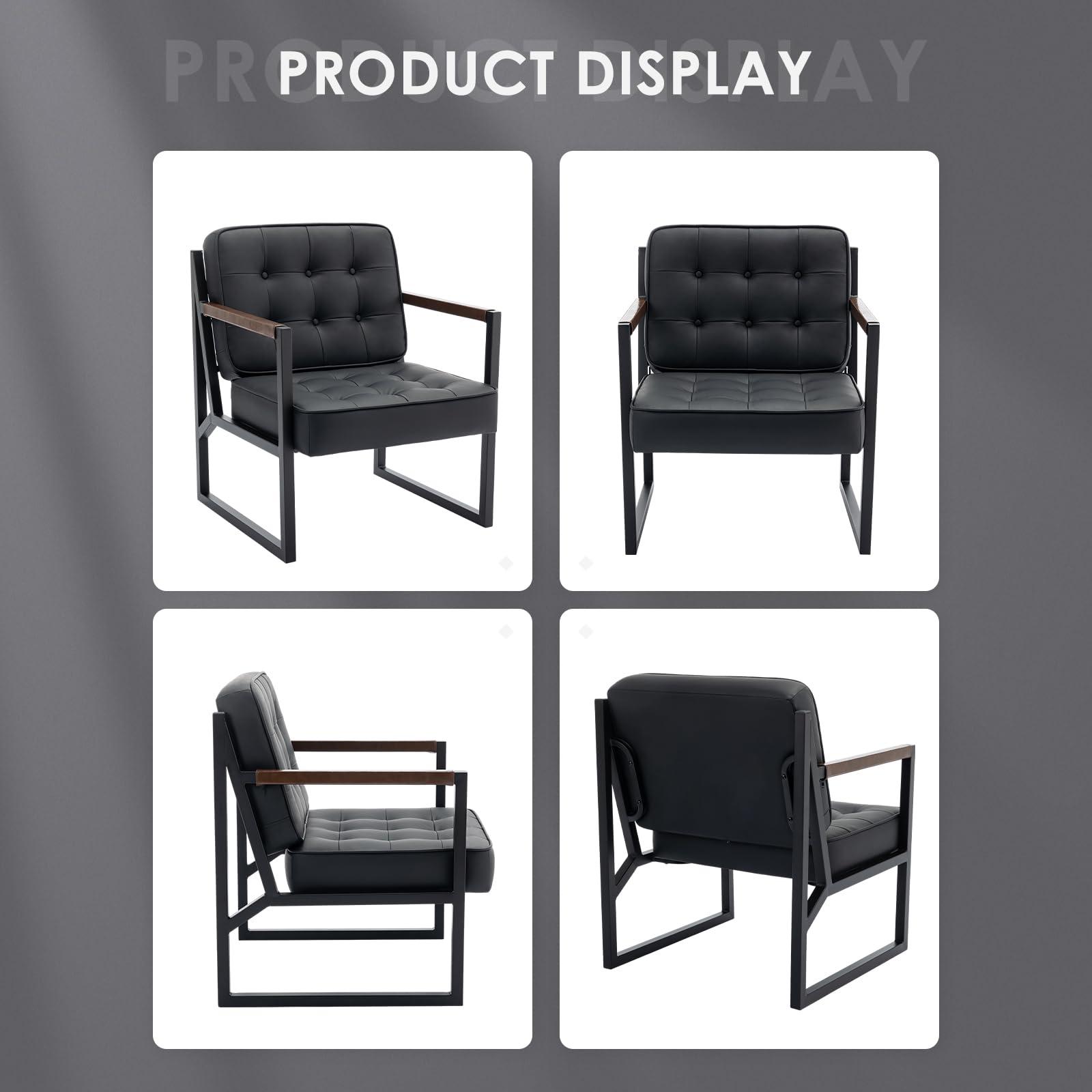 COLAMY Mid Century Modern Accent Chair Set of 2, Comfy Living Room Chair, Black Leather Accent Chair, Faux Leather Reception Armchair with Metal Legs for Living Room Bedroom Reception Office, Black - Image 8