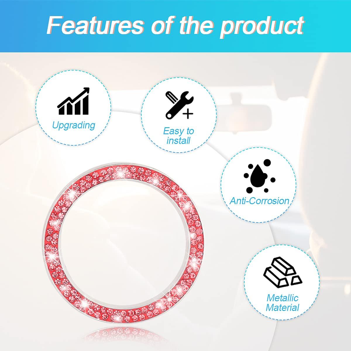 Car Bling Crystal Rhinestone Engine Start Ring Decals, 2 Pack Car Push Start Button Cover/Sticker, Key Ignition Knob Bling Ring, Sparkling Car Interior Accessories for Women (Red) - Image 3