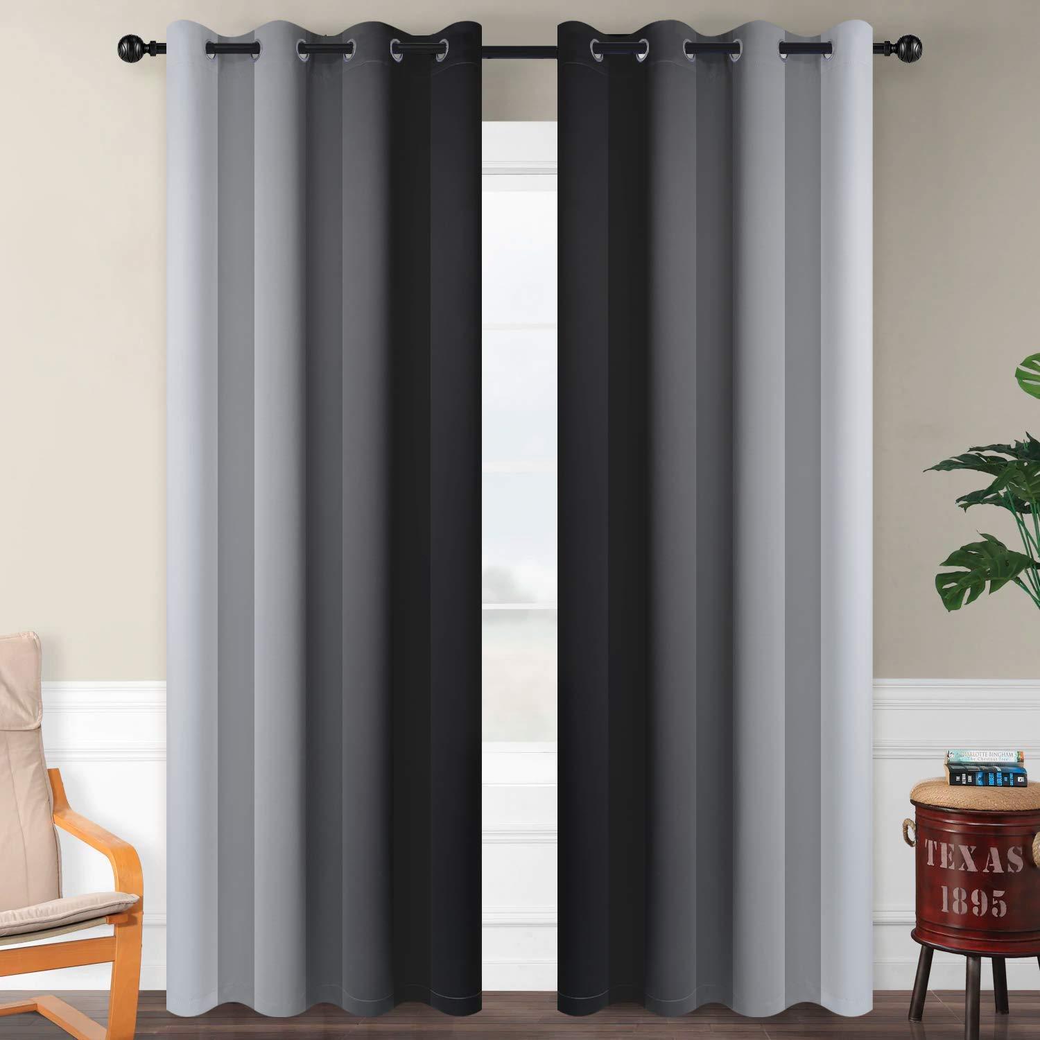 SimpleHome Ombre Room Darkening Curtains for Bedroom, Gradient Black to Grey White Light Blocking Thermal Insulated Grommet Window Curtain/Drapes for Living Room,2 Panels, 52x84 inches Length - Image 2
