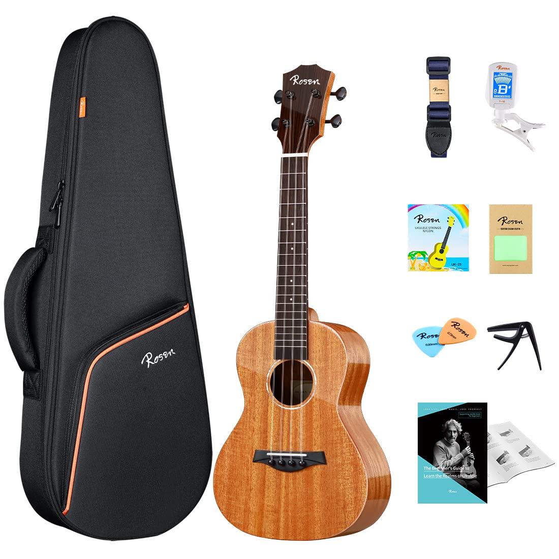 Rosen Concert Ukulele Solid Mahogany 23 inch Professional Ukelele Starter Bundle Kit with Lesson Book Gig Bag Tuner Capo Picks Strings