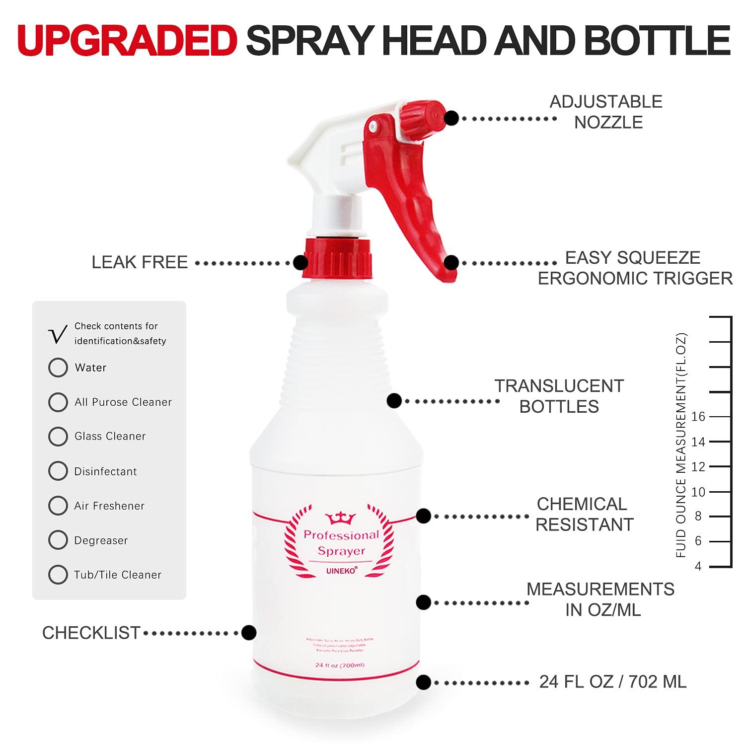 Uineko Plastic Spray Bottle (4 Pack, 24 Oz, All-Purpose) Heavy Duty Spraying Bottles Leak Proof Mist Empty Water Bottle for Cleaning Solution Planting Pet with Adjustable Nozzle and Measurements - Image 4