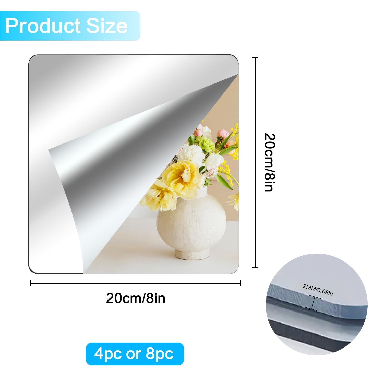 AmasSmile Wall Mirror Full Length 8'' X 8'' X 4PCS Self Adhesive Acrylic Mirror Tiles Shatterproof 2MM Thick Mirror Stickers Gym Mirrors for Home Gym Door Mirror Make Up Mirror for Bedroom - Image 3