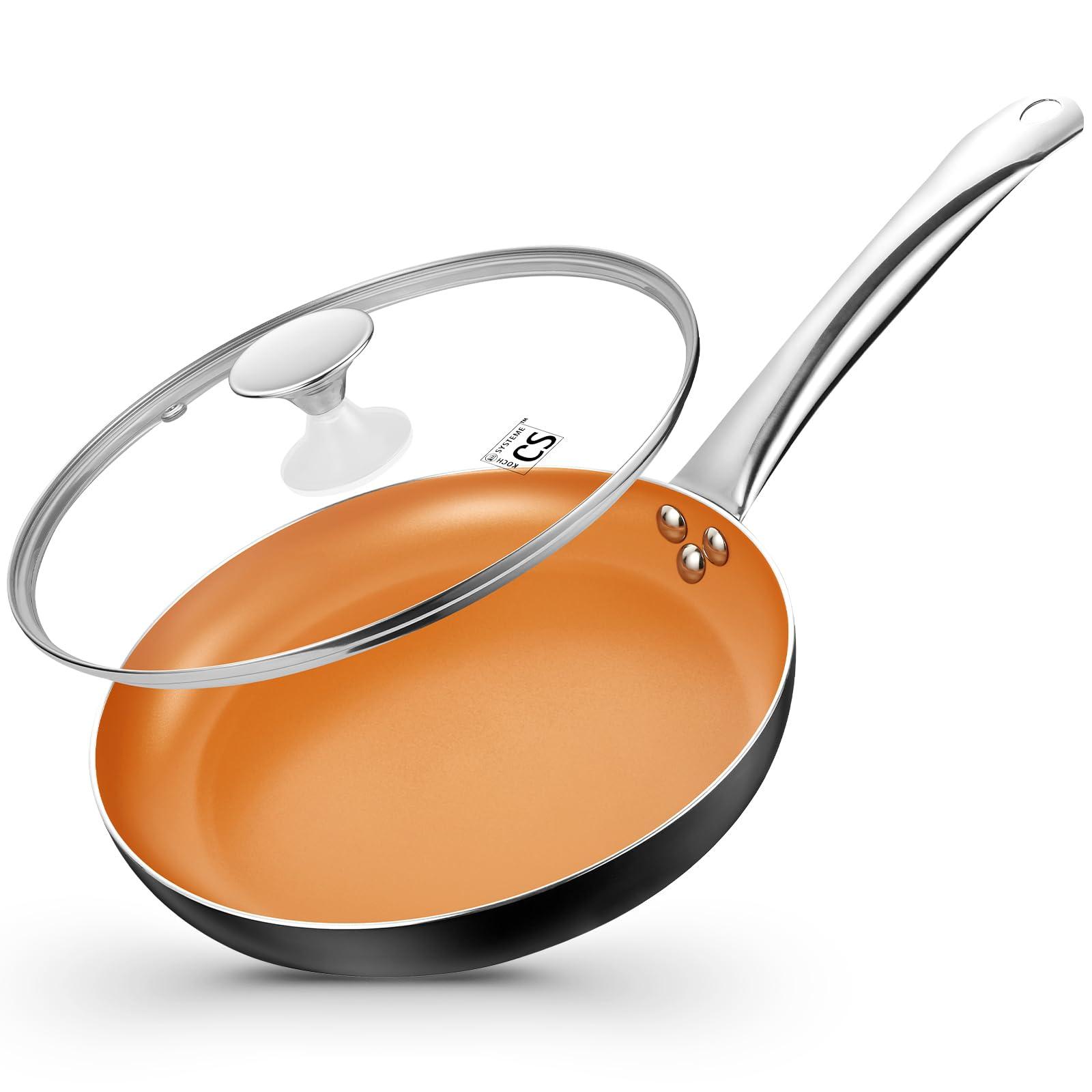 KOCH SYSTEME CS 10in Copper Nonstick Frying Pans with Lids and Titanium Ceramic Interior,100% PFOA-Free Saute Pan/Skillet for All Stove Tops,Stainless Handle,Omelet Pan Cookware