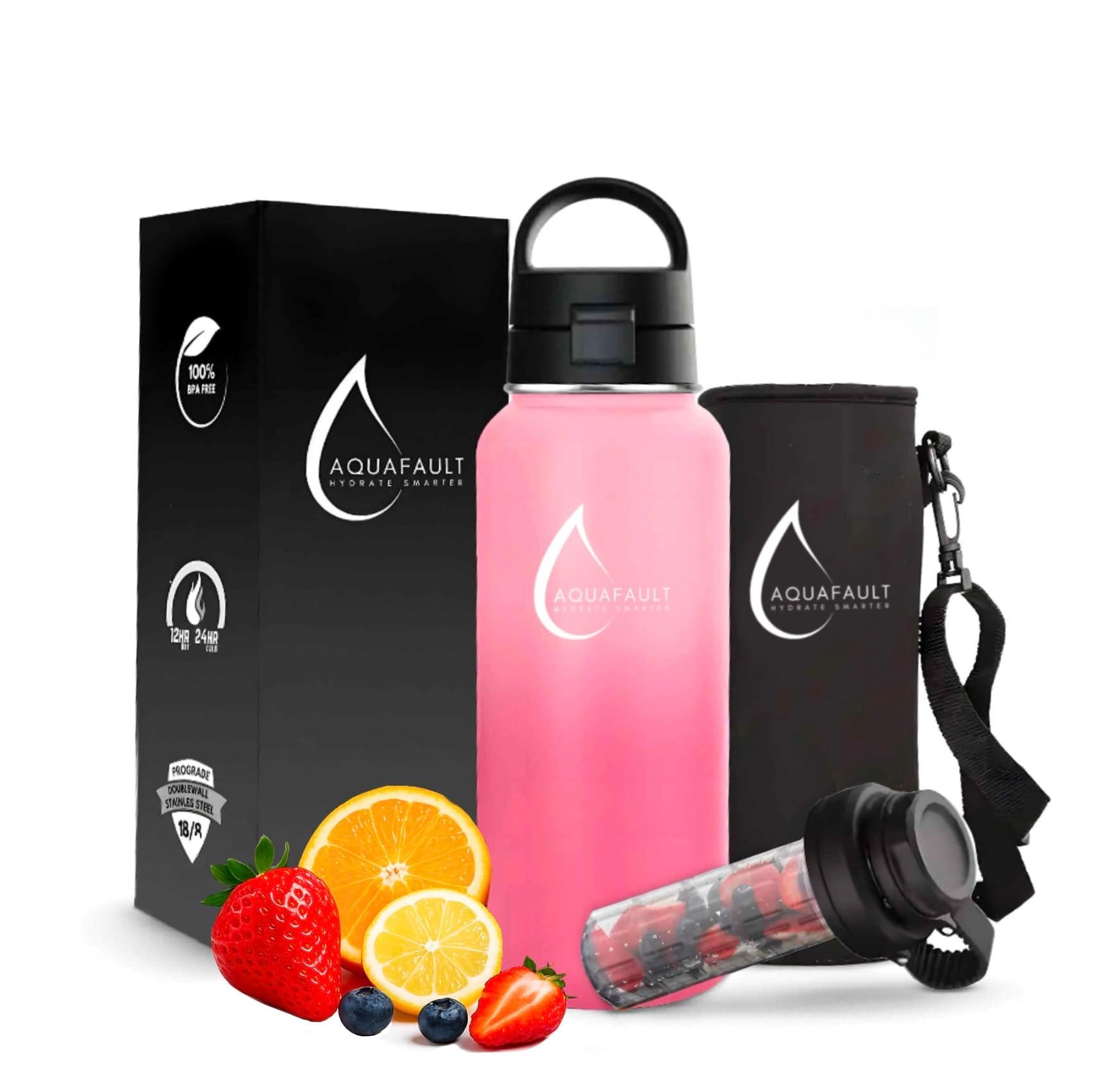 Aquafault 32oz Stainless Steel Fruit Infuser Water Bottle – BPA-Free, Leak-Proof, Easy to Clean, Reusable Sports Bottle for Gym, Travel & Outdoor Use (Black, Ocean Blue, Flamingo Pink)