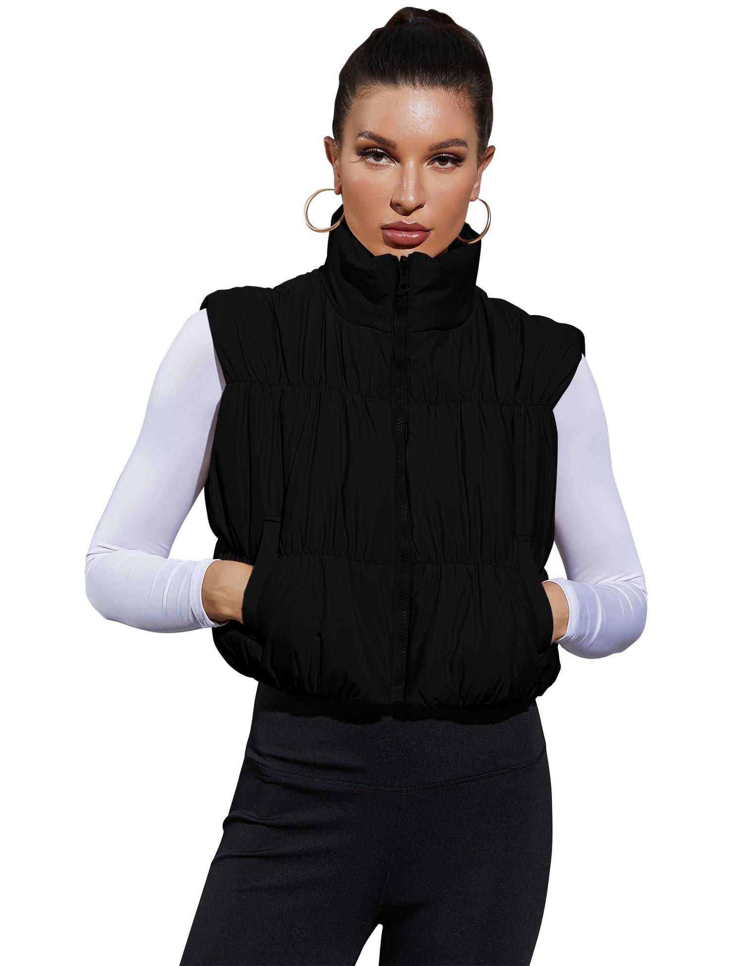 LUYAA Women's Crop Puffer Vest Lightweight Stand Collar Sleeveless Zip Up Padded Gilet Coat Black M - Image 4