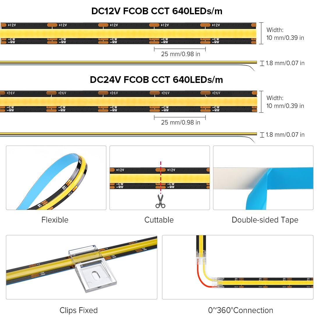 BTF-LIGHTING FCOB CCT COB LED Strip Tunable 2700K-6500K DC24V 16.4FT 640LED/m CRI 90+ Flexible High Density Dimmable LED Light Black PCB for Bedroom Indoor Decor(No Adapter or Controller) - Image 4