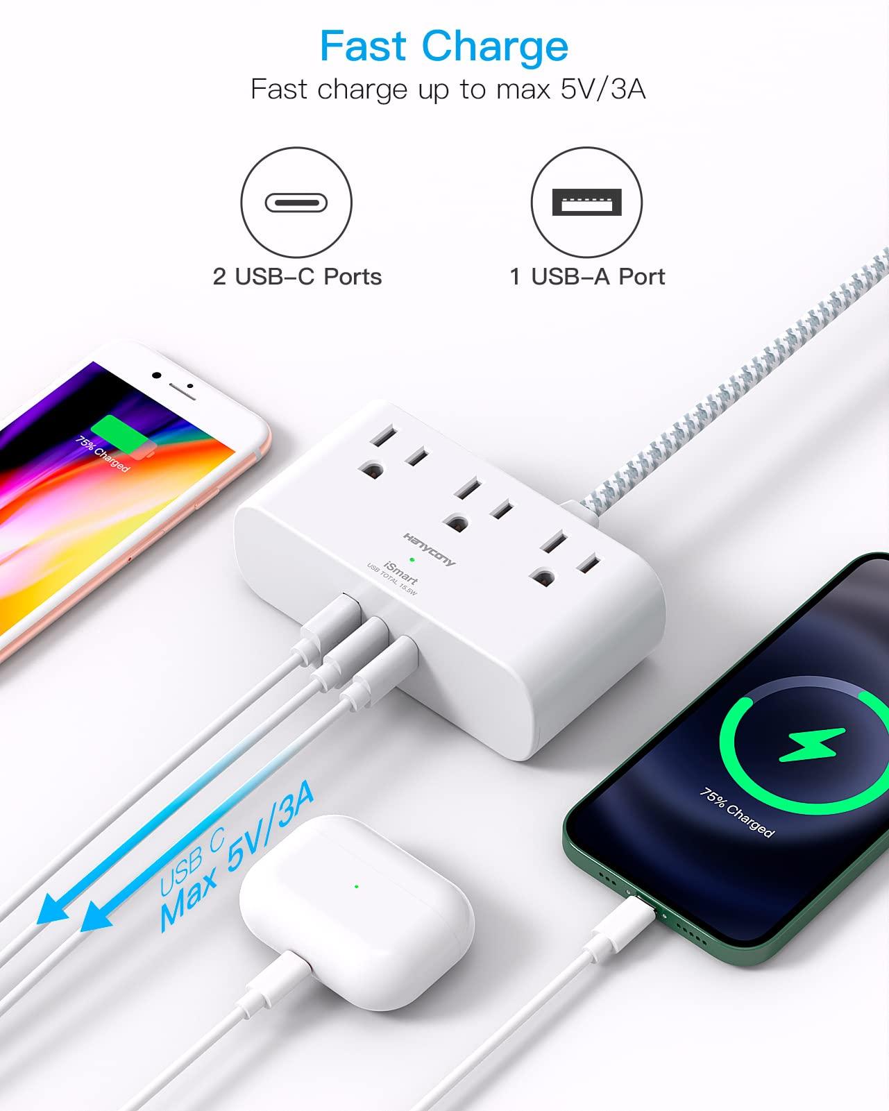 Flat Extension Cord 10 Ft, HANYCONY Ultra Thin Flat Plug Power Strip, 3 Outlets 3 USB Ports(2 USB C) Desk Charging Station, Power Strip with No Surge Protector for Cruise Ship Dorm Room Essentials - Image 3