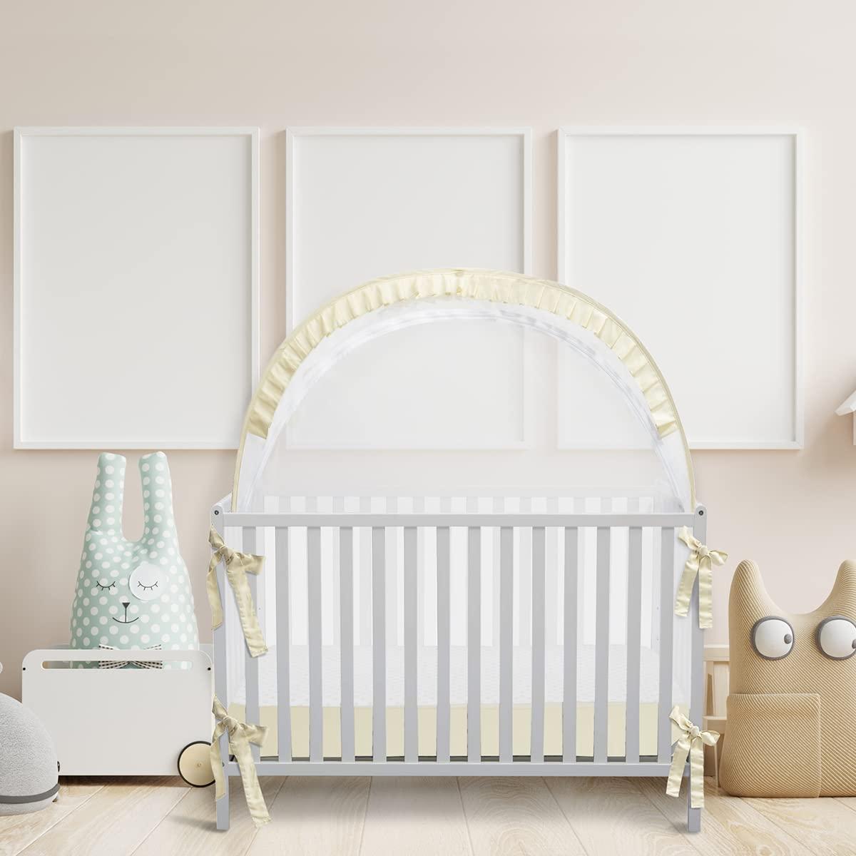 L RUNNZER Baby Safety Crib Tent, Pop Up Canopy for Crib to Stop Baby from Climbing Out, Infant Mesh Cover Mosquito Net with Sturdy Frame & Soft Mesh, Beige, (R07-beige) - Image 2