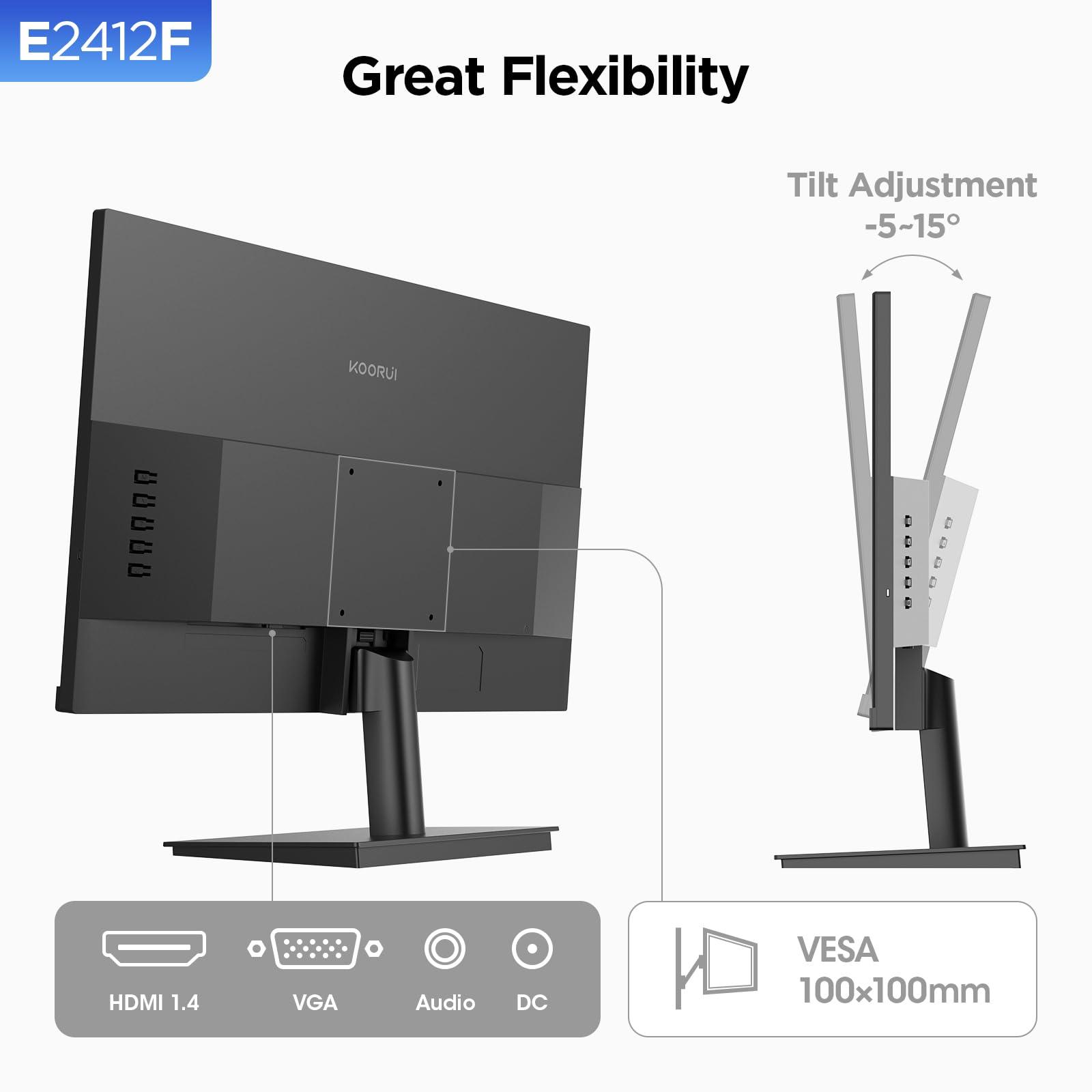 KOORUI 24-inch Computer Monitor Full HD 1920 x 1080p 100Hz VA Display 3000:1 Contrast Ratio with HDMI VGA, Three-Sided Slim Bezels, Freesync, 100 x 100 mm VESA Mountable, Ergonomic Tilt, Black - Image 6