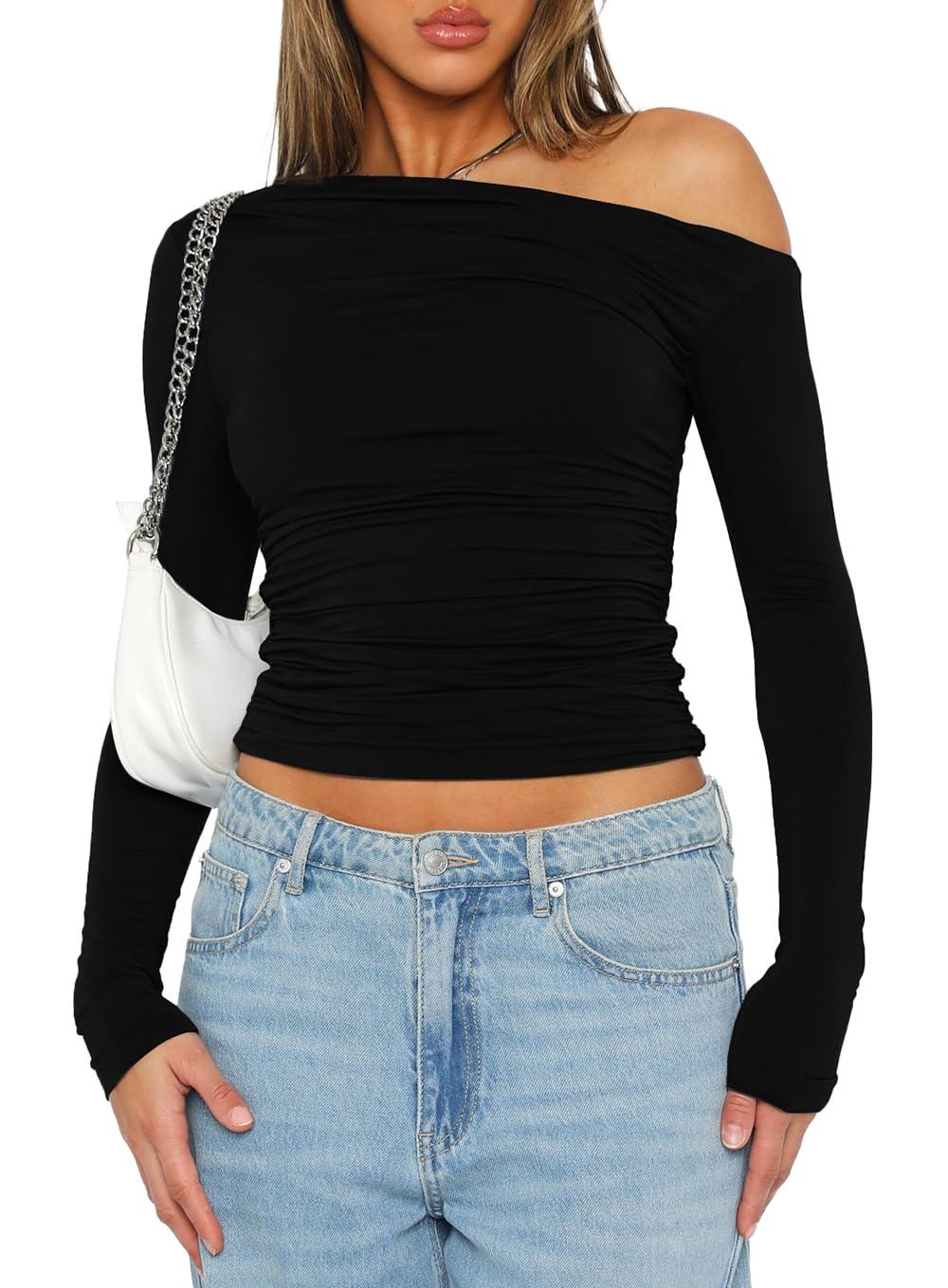 Darong Women's Casual Long Sleeve Boat Neck Off Shoulder Slim Fit Crop Top Going Out Blouses Y2K Tight Shirts