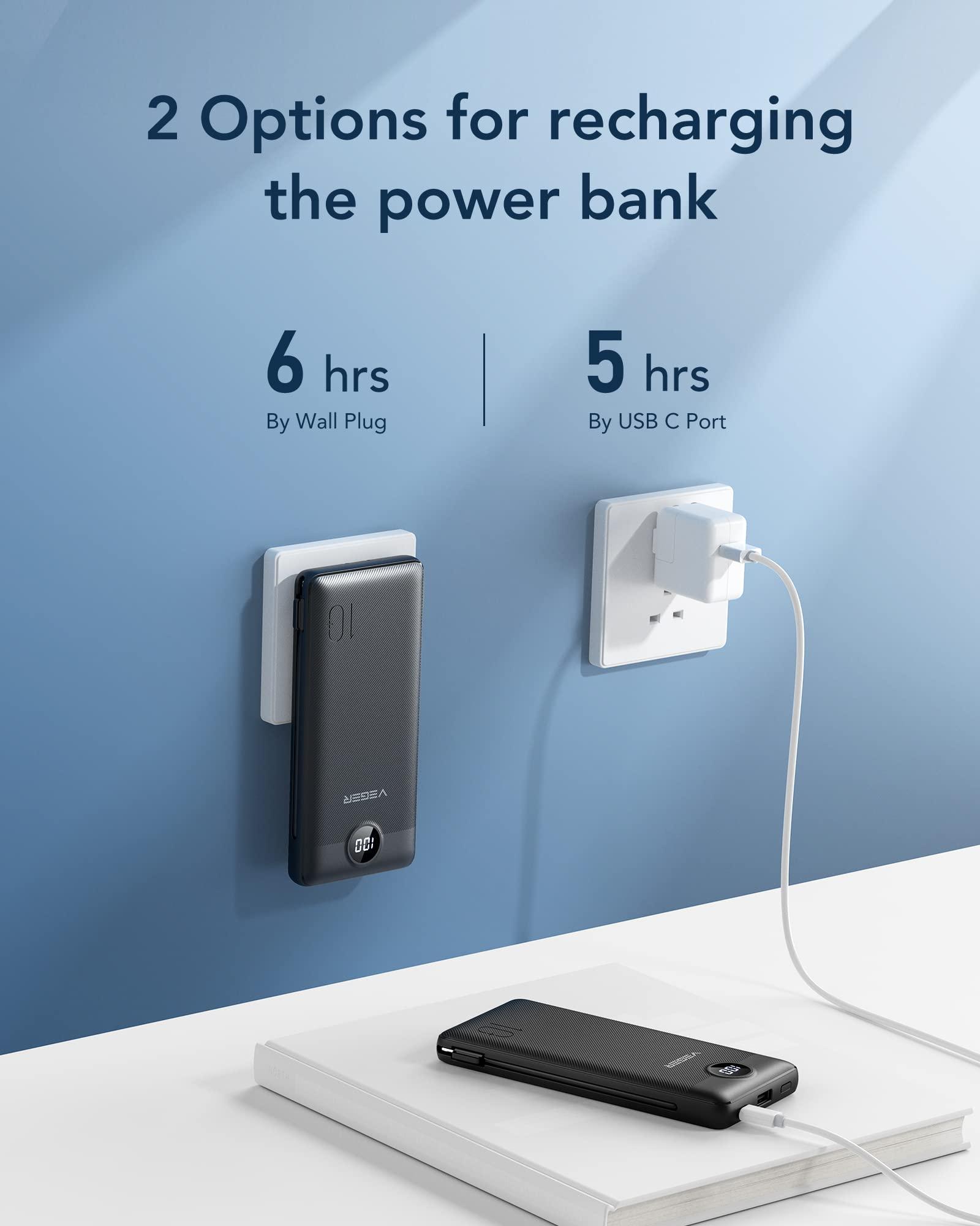 VEGER Portable Charger for iPhone Built in Cables and Wall Plug, 10000mah Slim Fast Charging USB C Power Bank, Travel Essential Battery Pack Compatible with iPhones, iPad, Samsung More Devices(Black) - Image 5