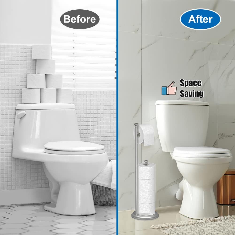 Free Standing Toilet Paper Holder Stand Brushed Nickel Toilet Roll Stand Bathroom Tissue Rack with Storage Reserves 5 Mega Rolls - Image 6