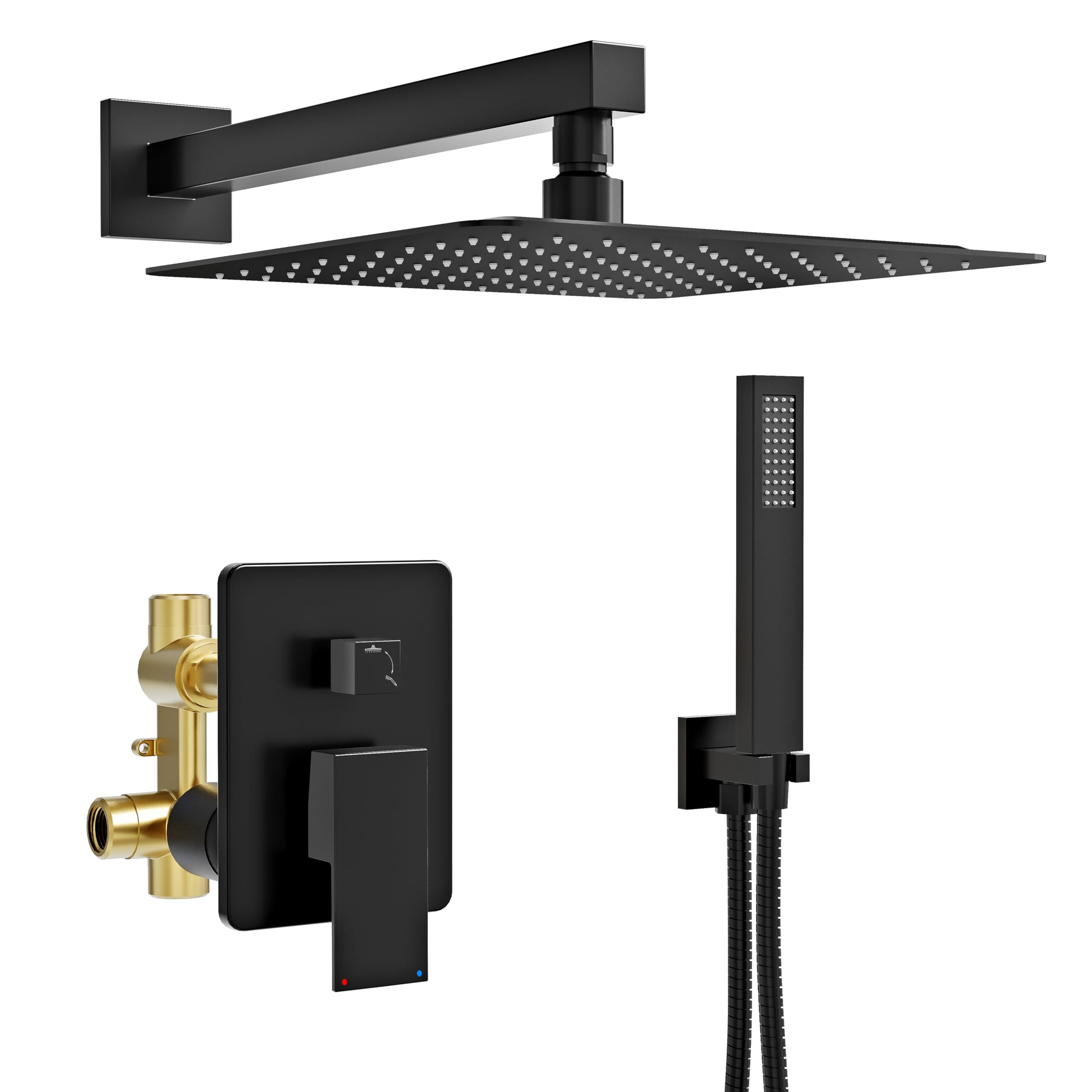 Kurpot Black Shower System, Wall Mounted Shower Faucet Set with Valve, 10-Inch Rainfall Shower Head with Handheld Combo Spray, 59'' Long Shower Hose and Shower Trim Kit, Matte Black