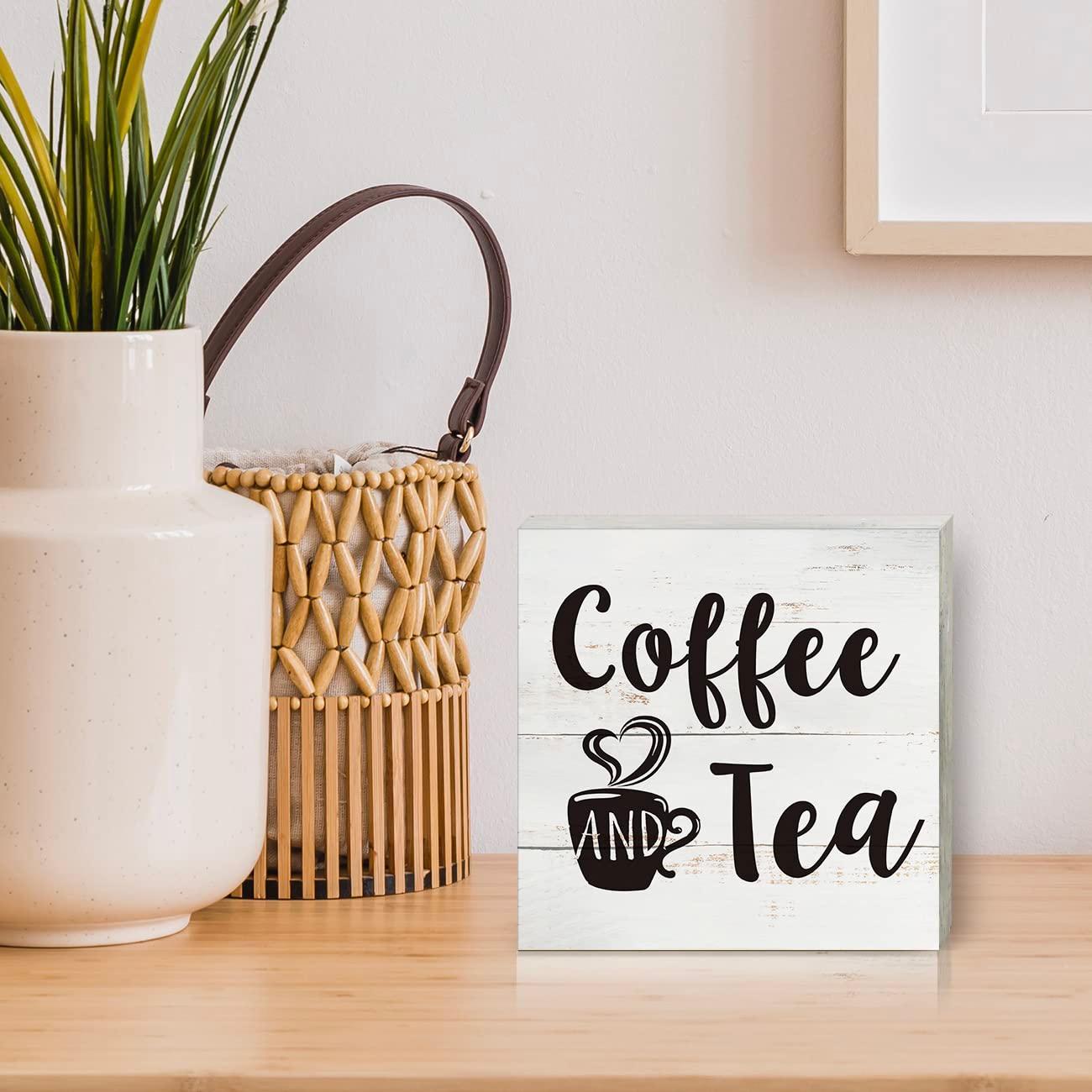 Coffee and Tea Wood Box Sign Kitchen Home Decor, Rustic Funny Coffee Wooden Box Sign Block Plaque for Wall Tabletop Desk Decoration - Image 5