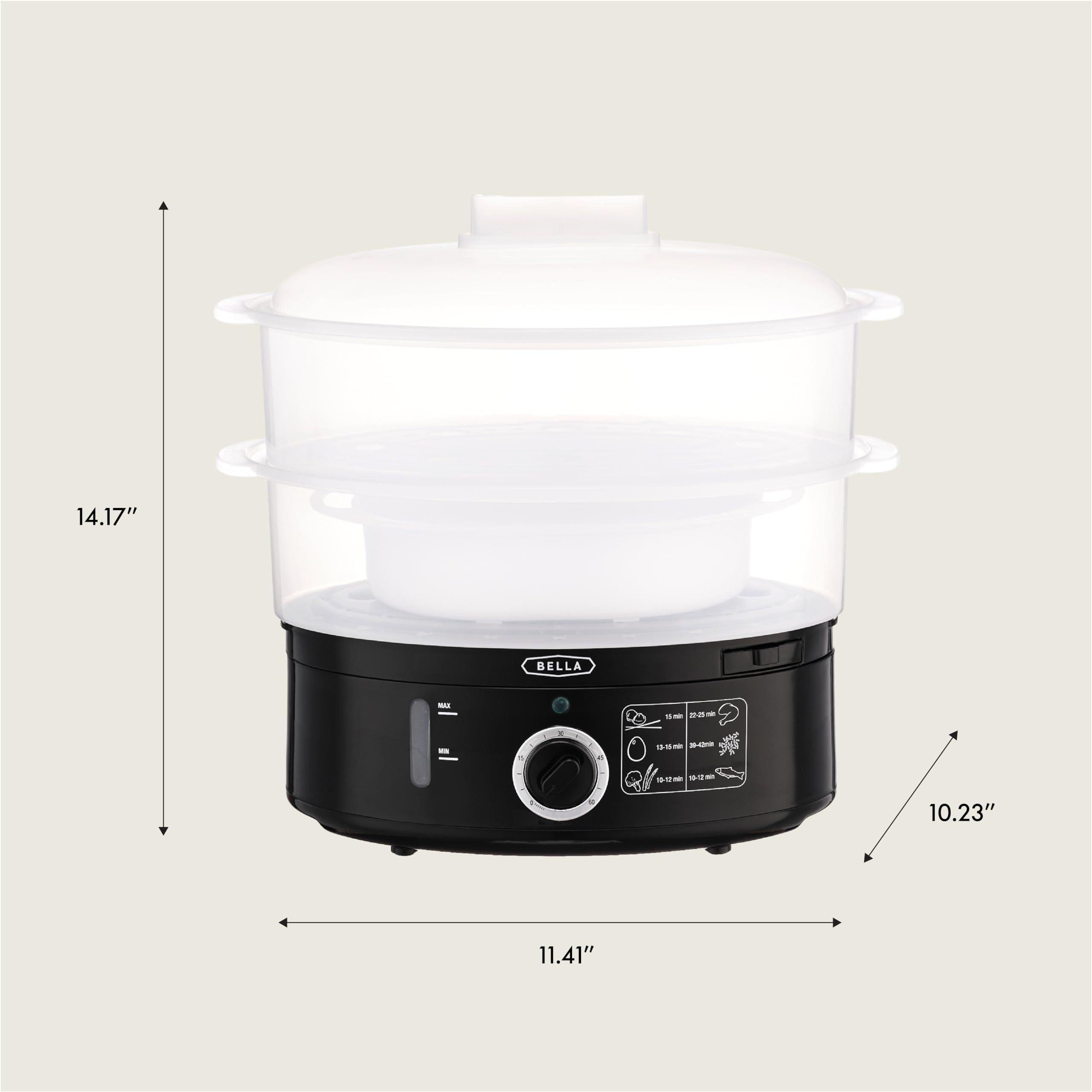 BELLA Two Tier Food Steamer with Dishwasher Safe Lids and Stackable Baskets & Removable Base for Fast Simultaneous Cooking - Auto Shutoff & Boil Dry Protection, Stainless Steel, 7.4 QT, Black - Image 3