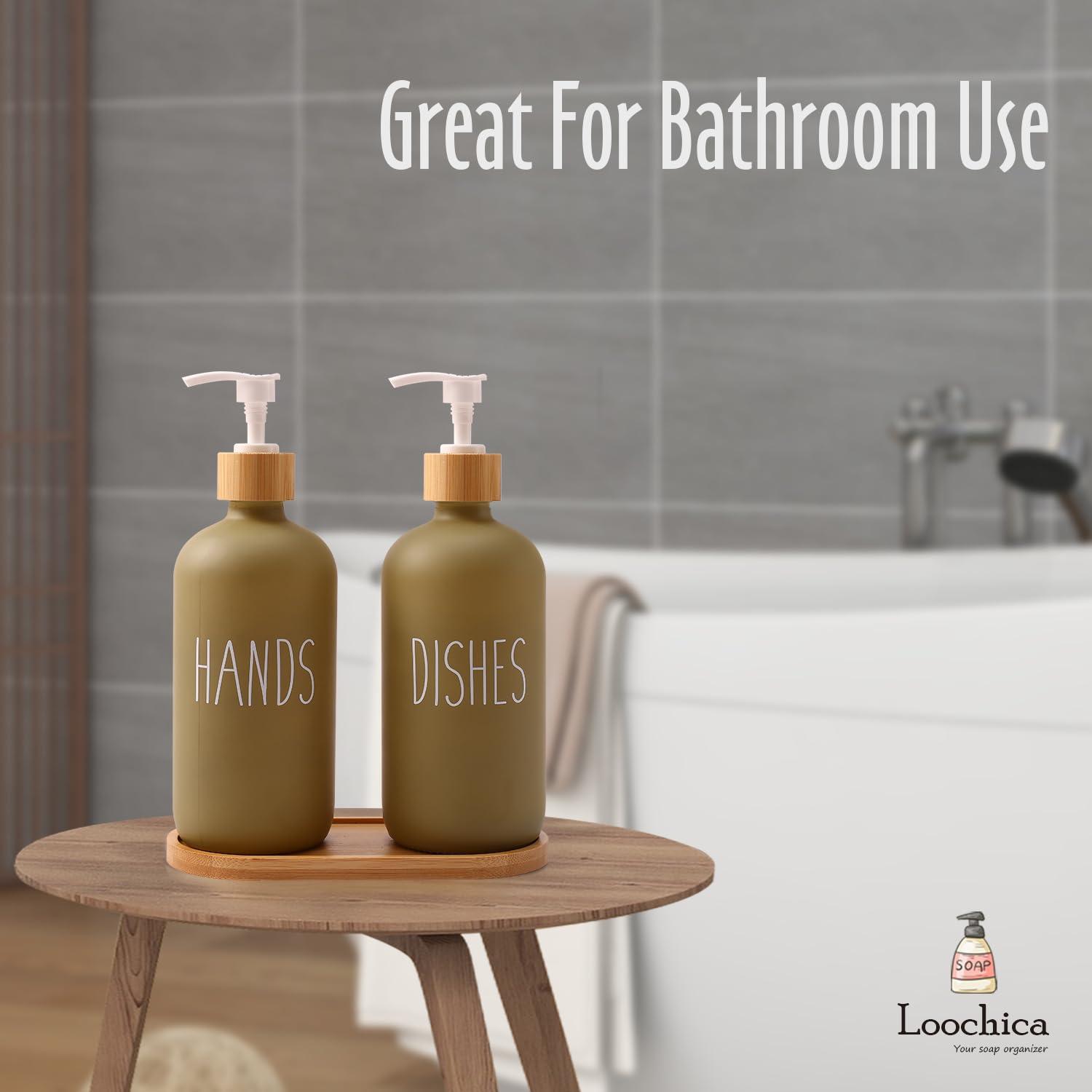 Loochica 2 Pack Sage Green Glass Soap Dispenser Set with Tray, Hand and Dish Glass Soap Dispensers for Kitchen Sink, Kitchen Soap Dispenser Set Suitable for Kitchen Décor - Image 6