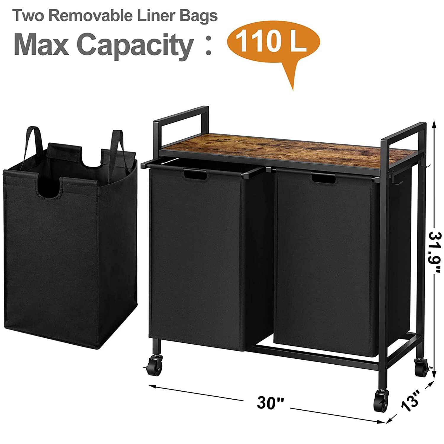WOWLIVE Double Laundry Hamper with Lid,Rolling Laundry Basket Organizer with Wheels, Iron-Made Laundry Sorter with Top Shelf and 2 Removable Bags,Large Clothes Storage for Room,Black 1 - Image 3