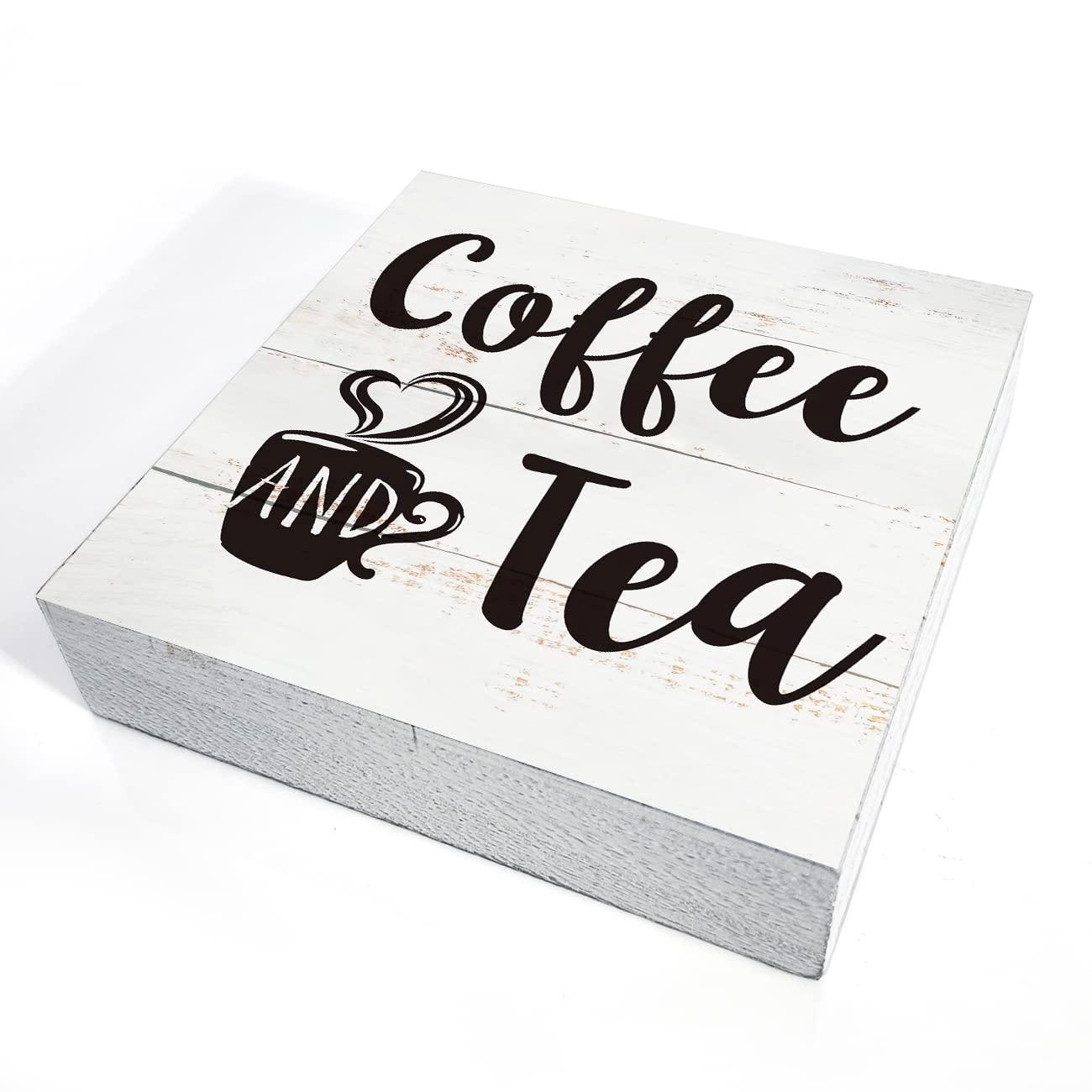 Coffee and Tea Wood Box Sign Kitchen Home Decor, Rustic Funny Coffee Wooden Box Sign Block Plaque for Wall Tabletop Desk Decoration - Image 4