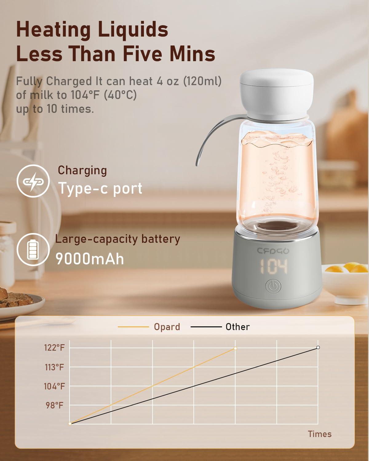 Opard Portable Bottle Warmer for Travel, Dual Heating Modes for Breastmilk, Formula, Water, 4 Adjustable Temp Cordless Milk Bottle Warmer on The go, 12 oz Capacity Car Bottle Warmer for Baby - Image 7