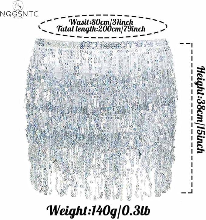 Women Sequin Tassel Skirt Glitter Sparkly Fringe Belly Dance Hip Scarf Skirts Metallic Rave Party Belts Costume - Image 7