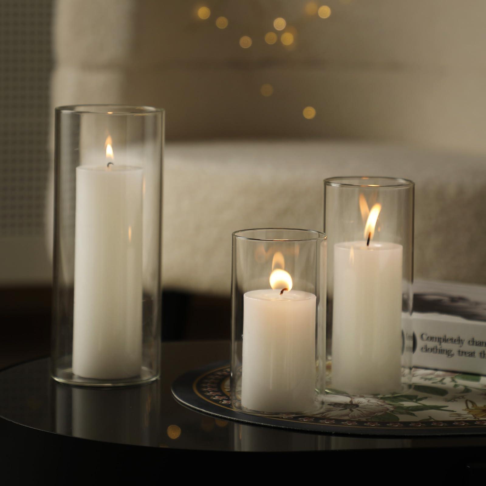 UDU Set of 12 White Pillar Candles and 12 Glass Cylinder Vases Hurricane Holders, Slim Pillar Candle Holder, Cylinder Vases for Centerpieces Wedding Table Party Home Decor(2.6" X 4.7", 5.9", 7.9") - Image 6