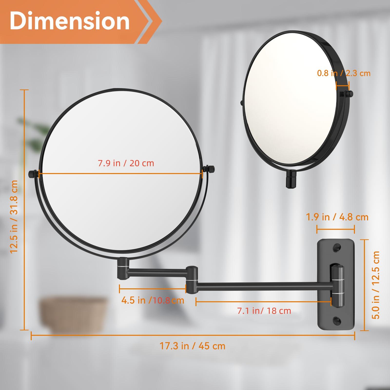 AumVum 8” Makeup Mirror Wall Mounted, 1X/10X Double-Sided Wall Mount Magnifying Bathroom Mirror with Extendable Arm, 360° Swivel Vanity Shaving Mirror for Bathroom and Makeup, Black (No Light - Image 3