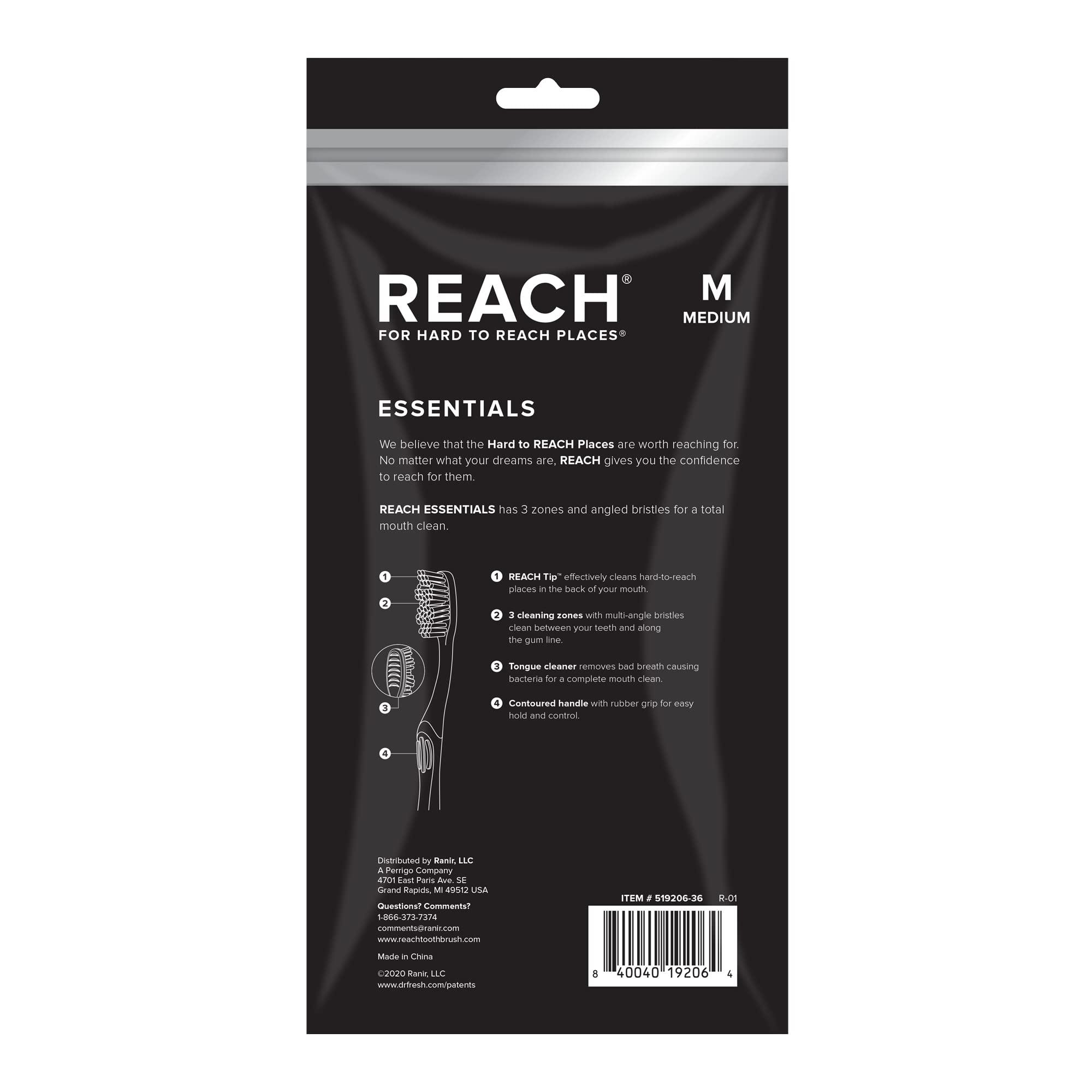 Reach Essentials Toothbrush with Toothbrush Covers, Multi-Angled Medium Bristles, Contoured Handle, Tongue Scraper, 6 Count - Image 2