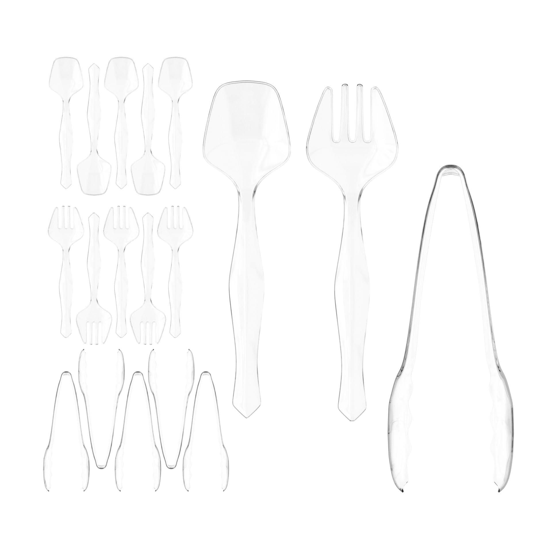 18 Pcs Clear Plastic Serving Utensils Set - 6 Clear Plastic Serving Spoons, 6 Tongs And 6 Forks - Heavy Duty Disposable Serving Utensils Set For Parties