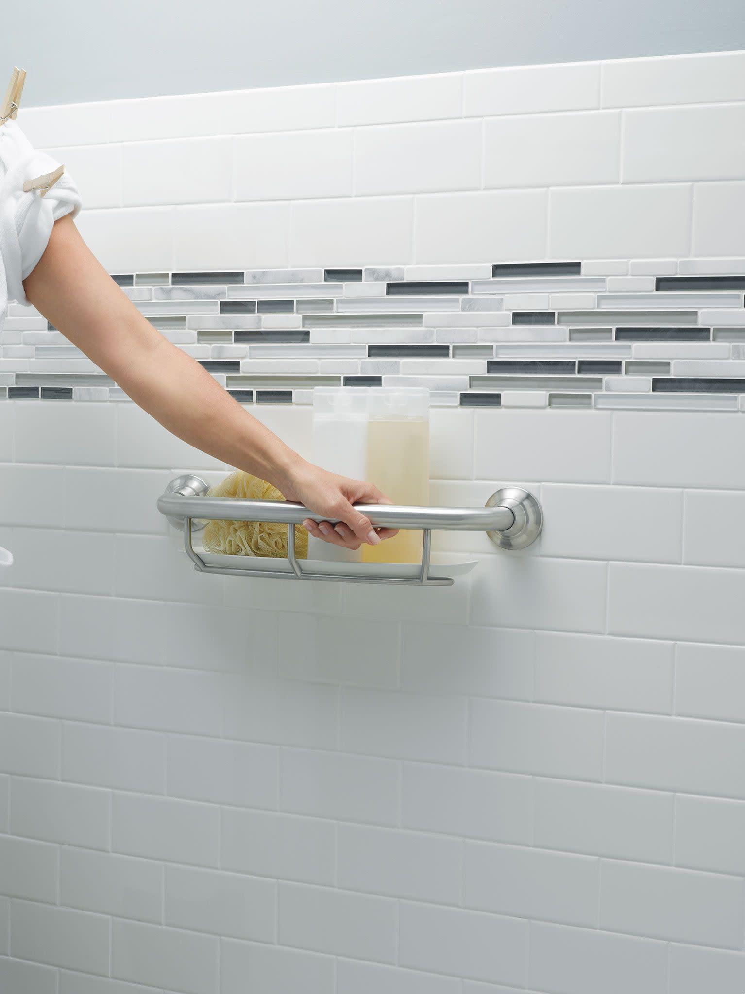 Moen Brushed Nickel Bathroom 16-inch Safety Grab Balance Assist Bar with Storage Shelf for Bathtub or Shower, R2356DBN - Image 2