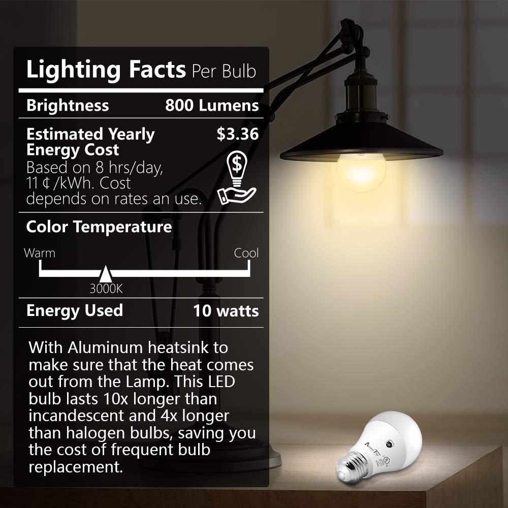 AmeriTop Dusk to Dawn Light Bulb- 2 Pack, A19 LED Sensor Light Bulbs; UL Listed, Automatic On/Off, 800 Lumen, 10W(60 Watt Equivalent), E26 Base, Indoor/Outdoor Lighting Bulb (3000K Warm White) - Image 5